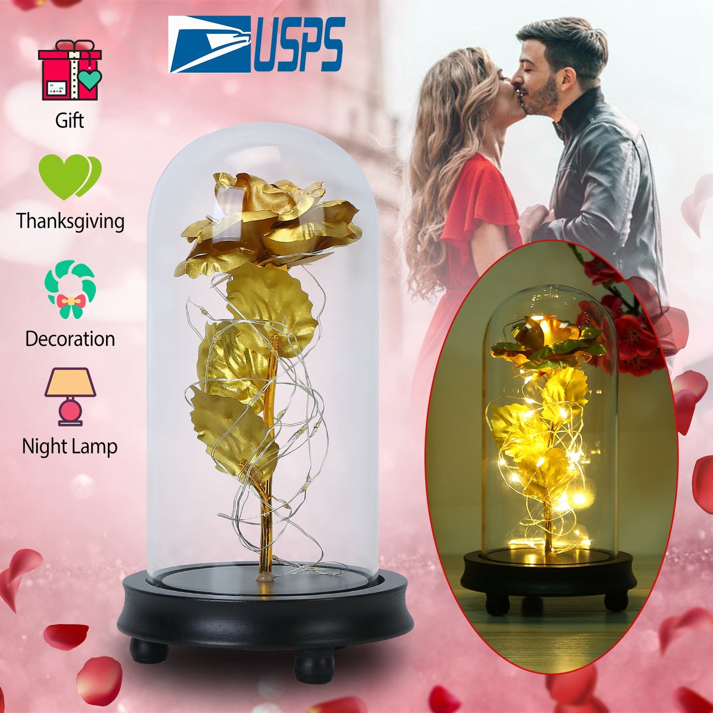LED Rose in Glass Dome with Fairy Lights - Gold Foil Flower