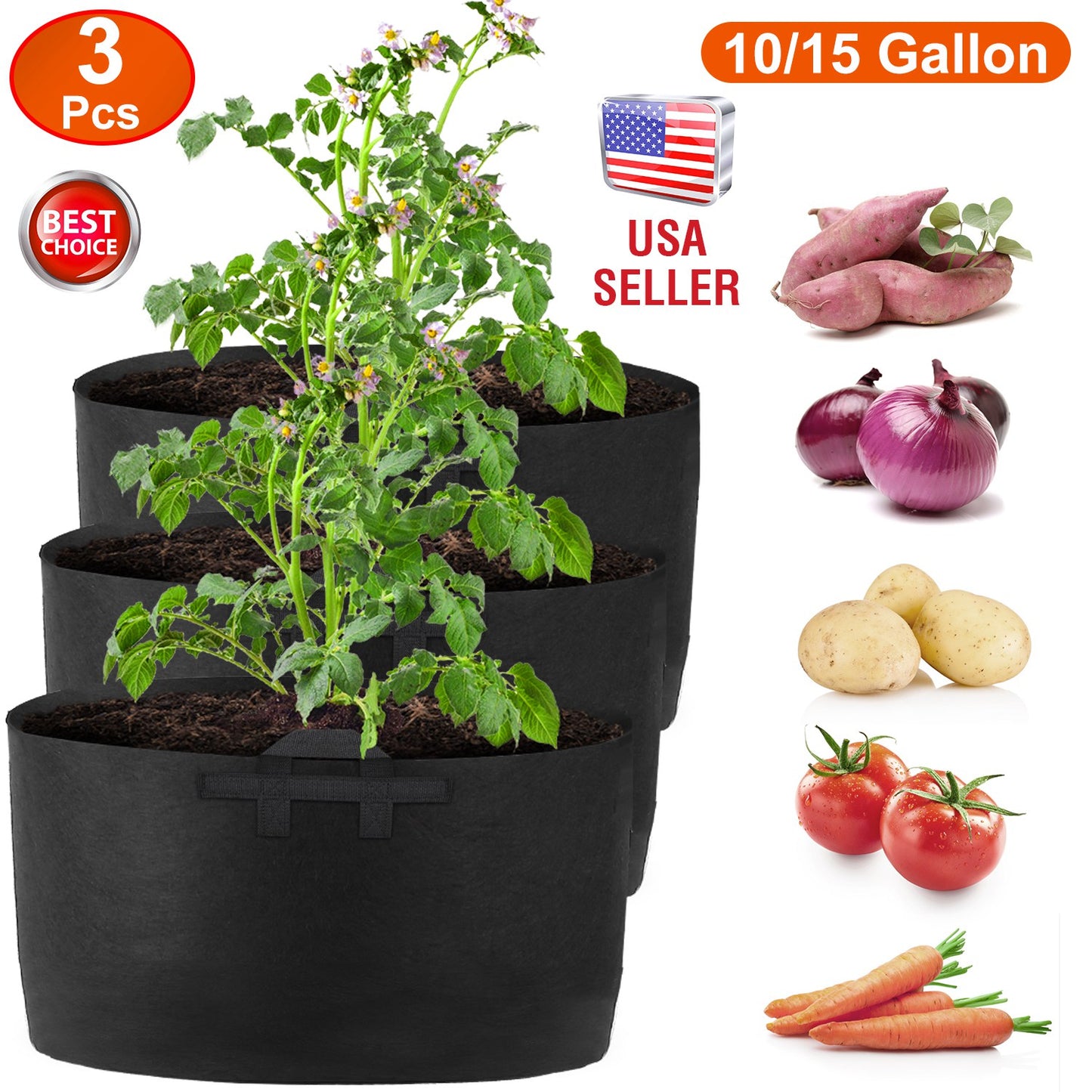 Plant Grow Bags 10 Gallon - 3 Pack Fabric Planter Pots