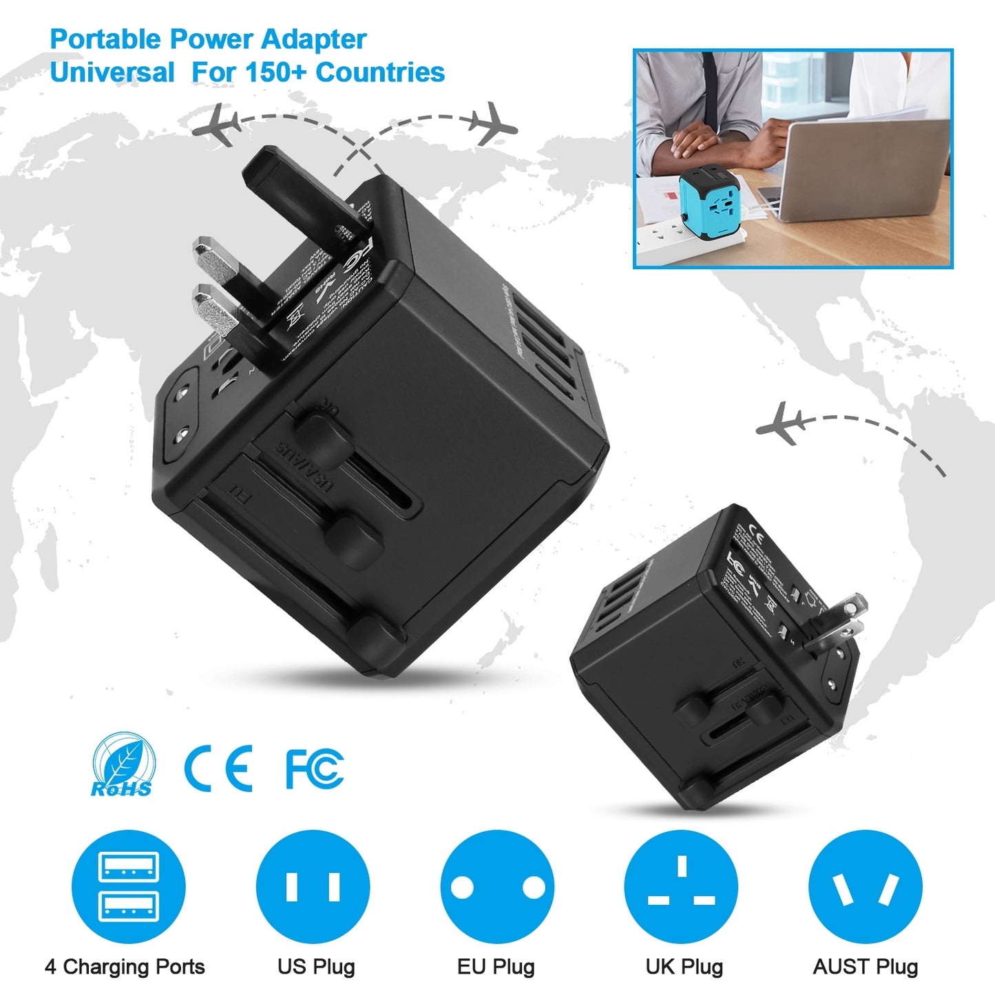 Universal Travel Adapter with 4 USB Ports for 150+ Countries