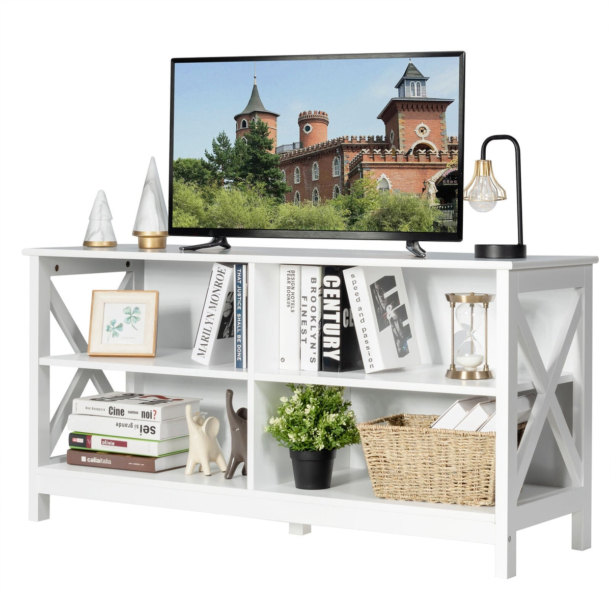 Wooden TV Stand Entertainment for TVs up to 55 Inch with X-Shaped Frame