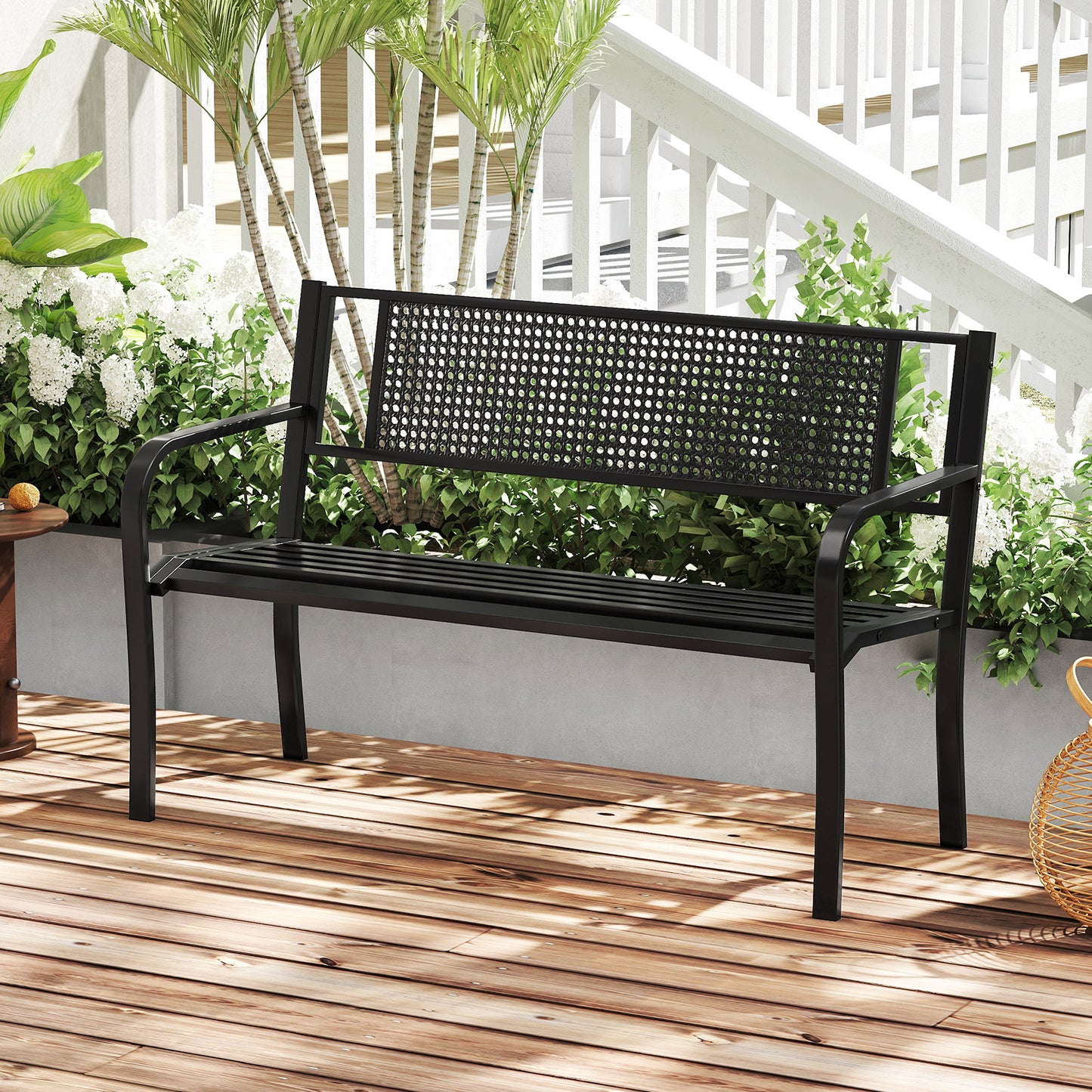 50-Inch Metal Garden Bench with Patterned Backrest