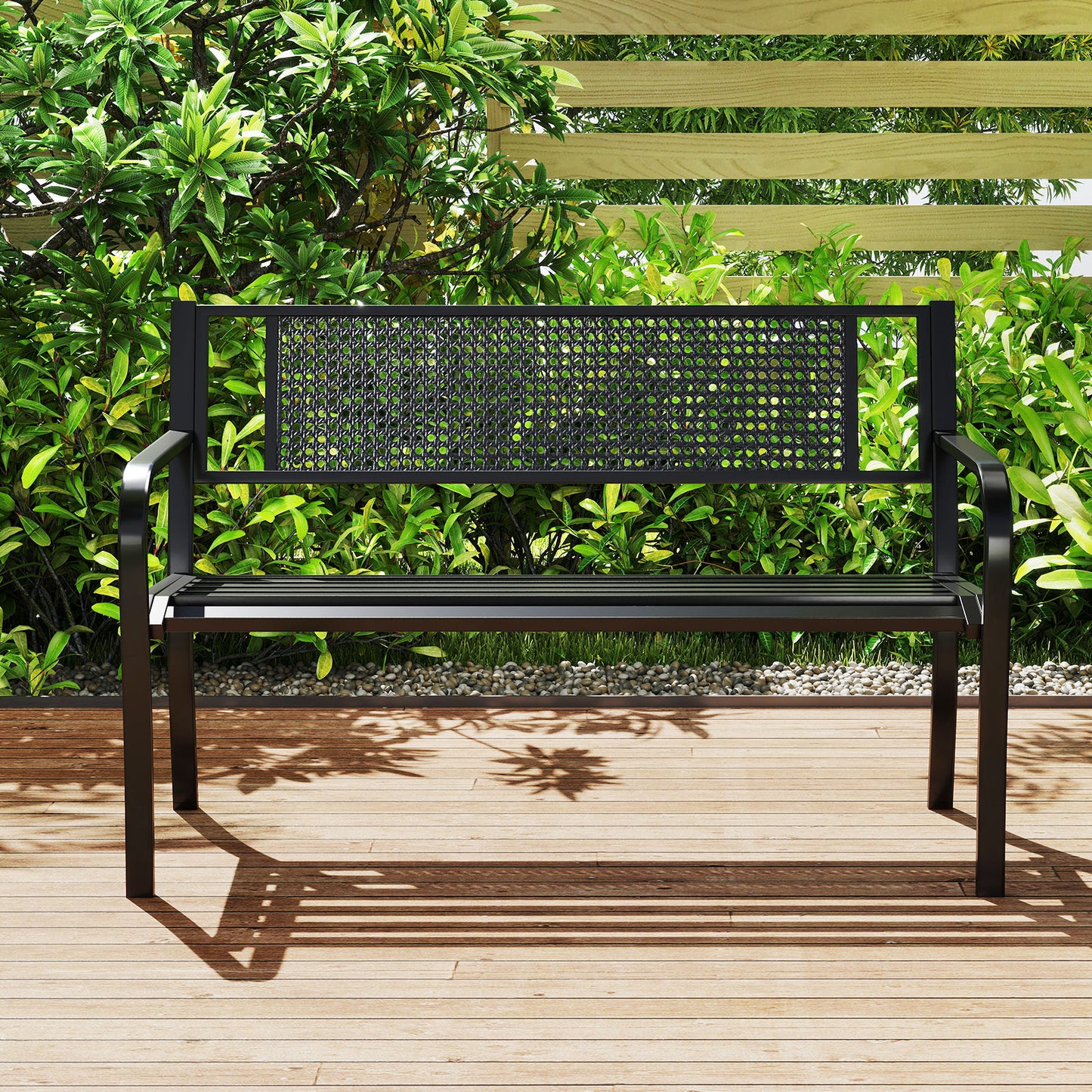 50-Inch Metal Garden Bench with Patterned Backrest