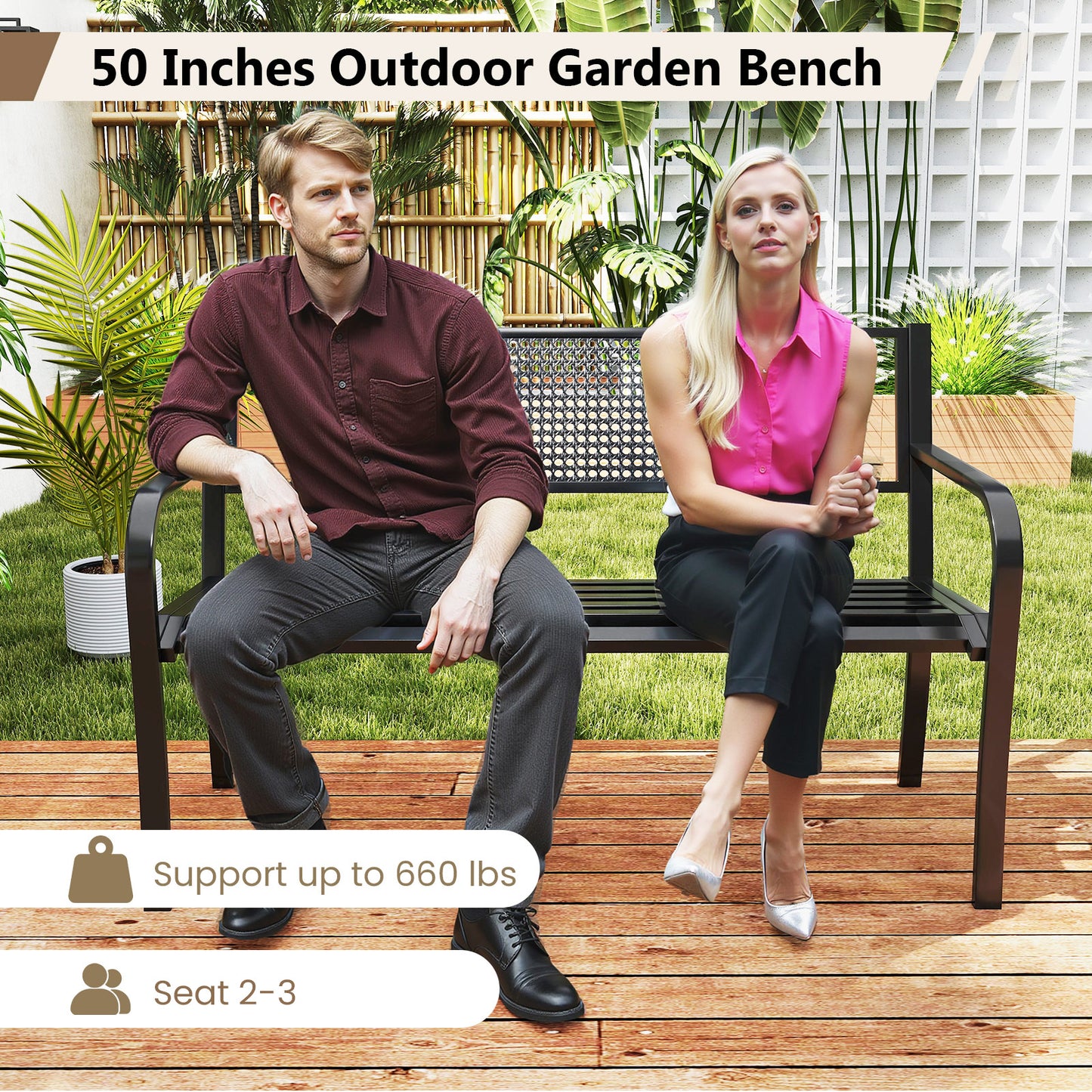 50-Inch Metal Garden Bench with Patterned Backrest