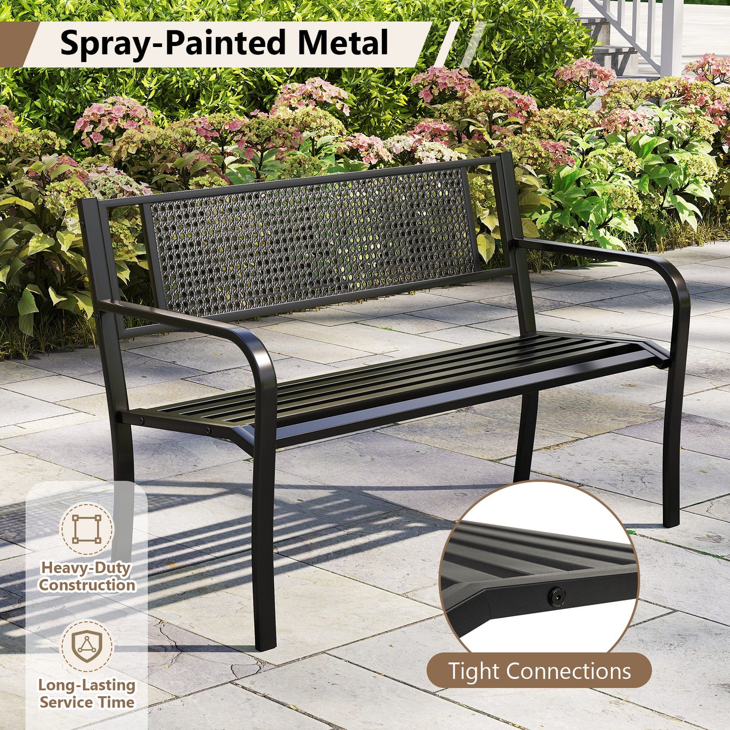 50-Inch Metal Garden Bench with Patterned Backrest