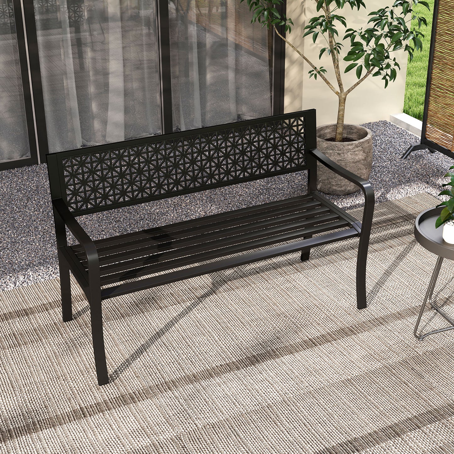 50-Inch Metal Garden Bench with Patterned Backrest