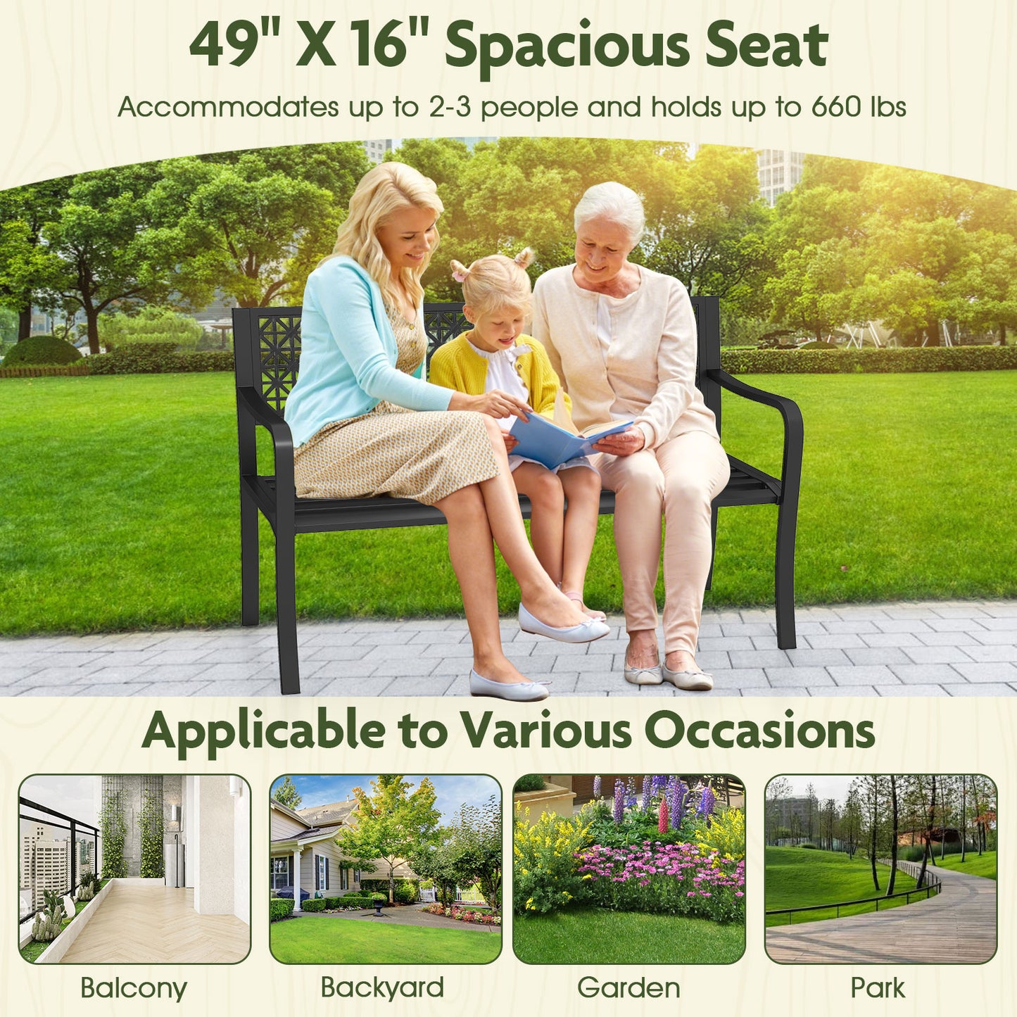 50-Inch Metal Garden Bench with Patterned Backrest