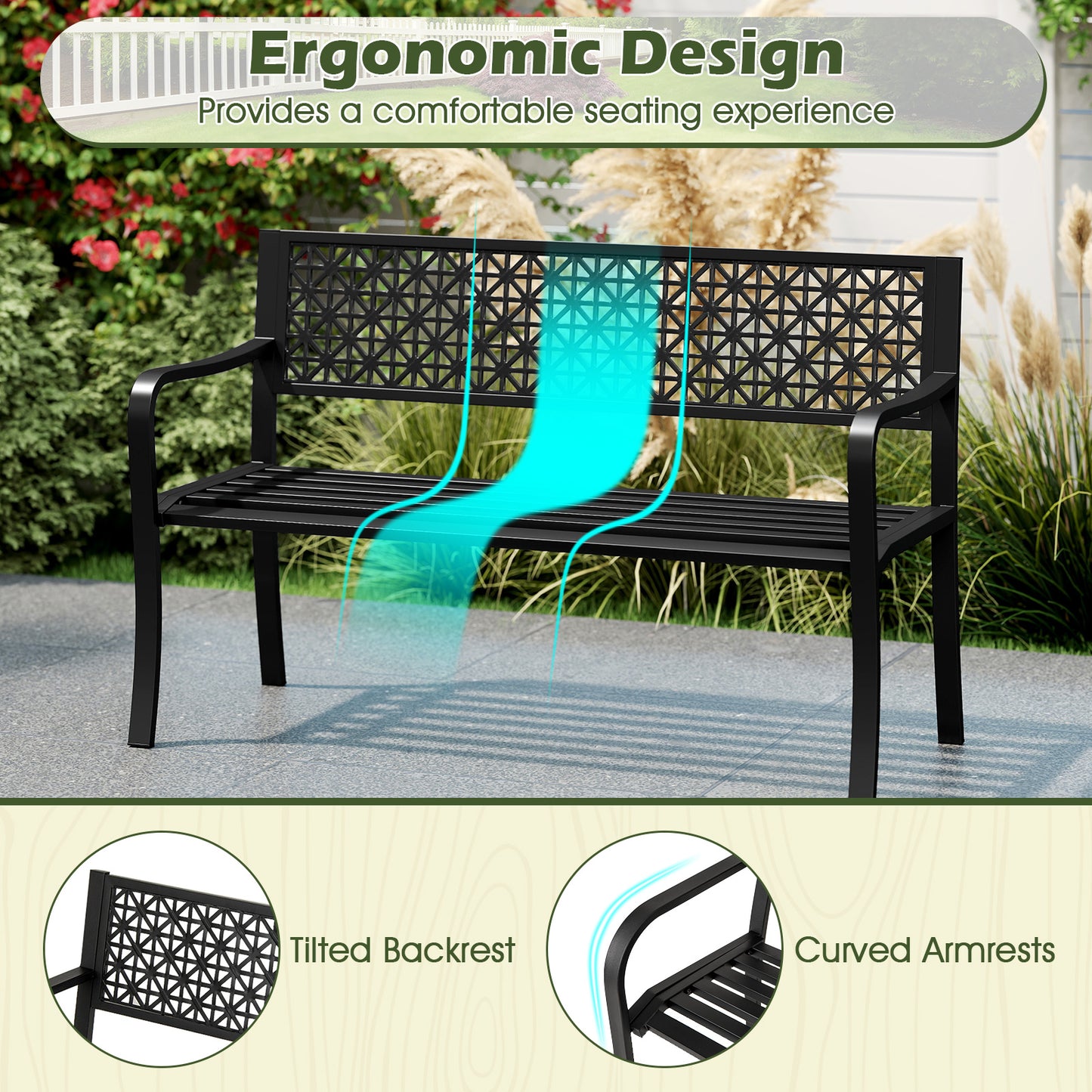 50-Inch Metal Garden Bench with Patterned Backrest
