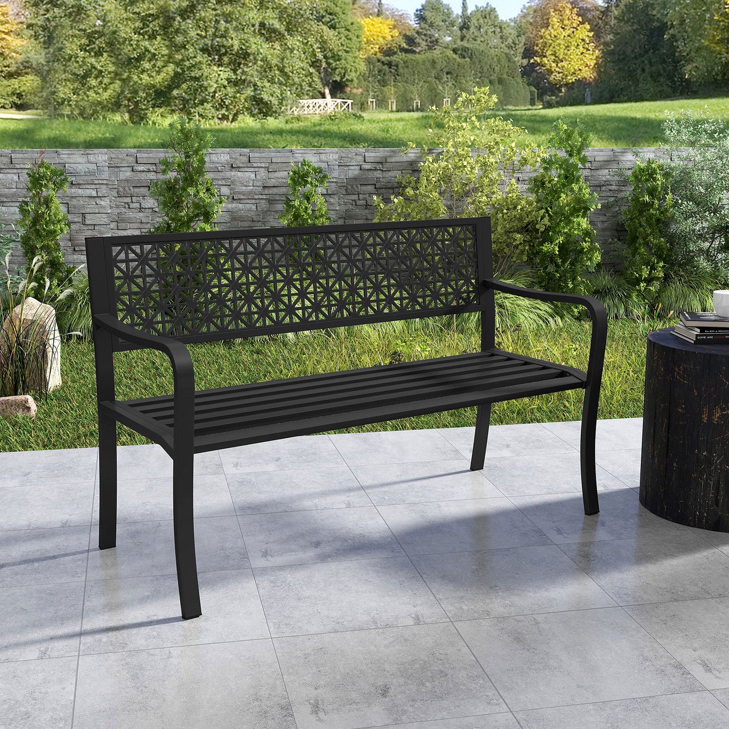 50-Inch Metal Garden Bench with Patterned Backrest
