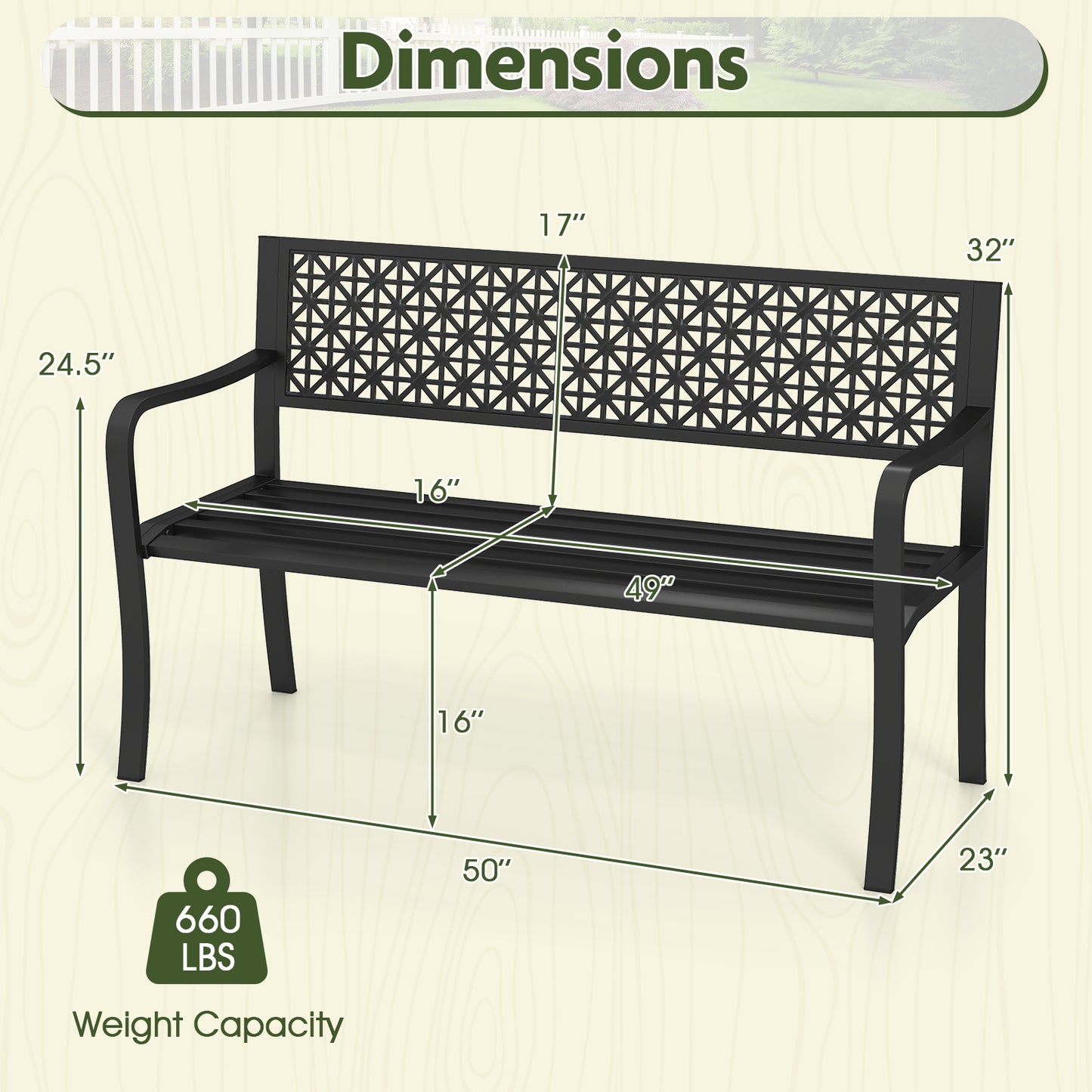 50-Inch Metal Garden Bench with Patterned Backrest