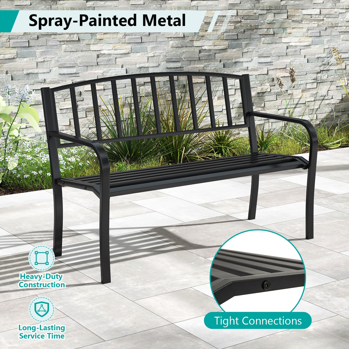 50-Inch Metal Garden Bench with Slatted Backrest - Black