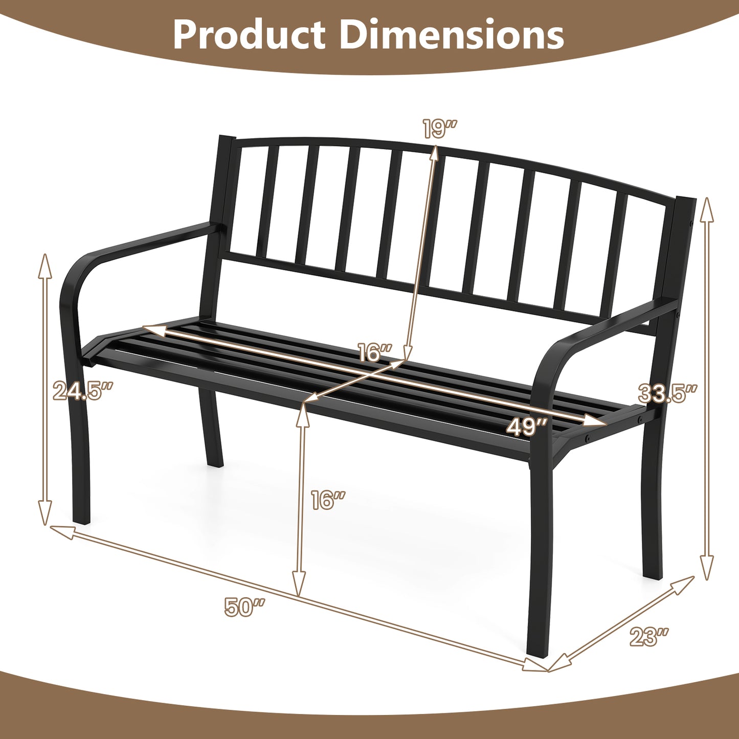 50-Inch Metal Garden Bench with Slatted Backrest - Black