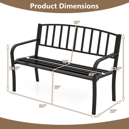 50-Inch Metal Garden Bench with Slatted Backrest - Black