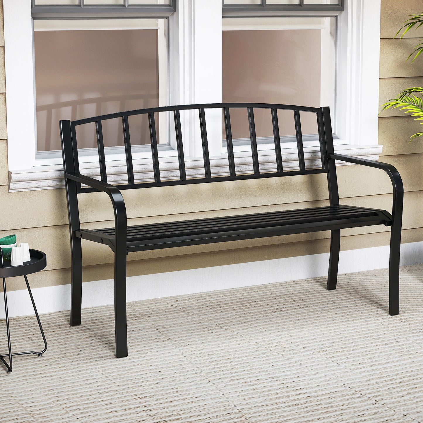50-Inch Metal Garden Bench with Slatted Backrest - Black