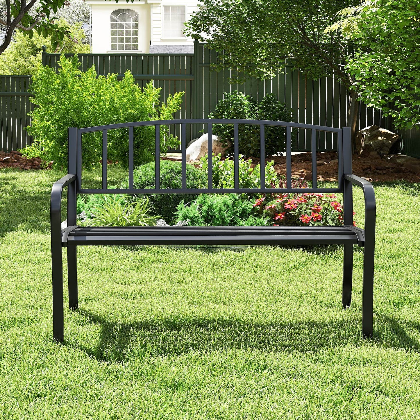 50-Inch Metal Garden Bench with Slatted Backrest - Black