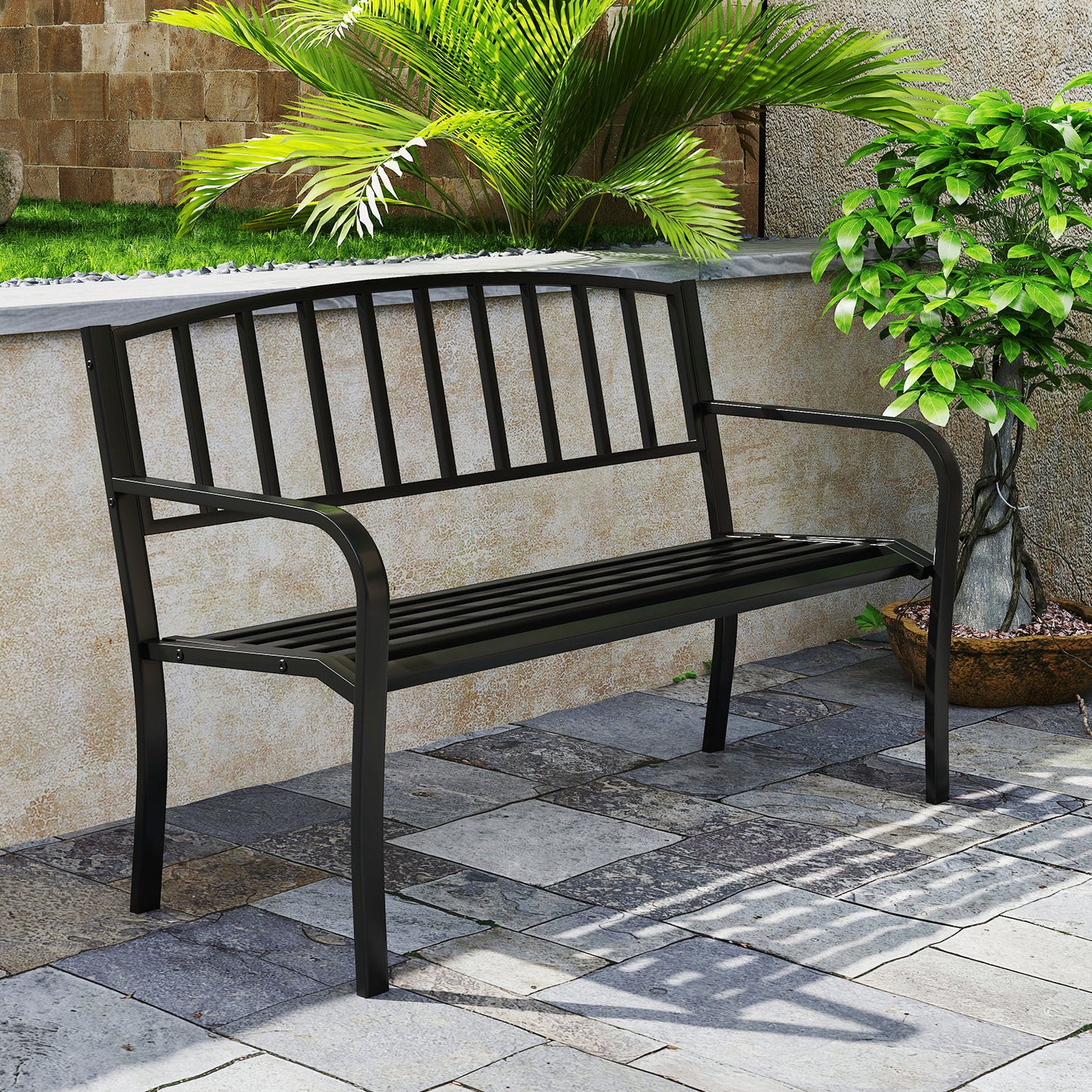 50-Inch Metal Garden Bench with Slatted Backrest - Black
