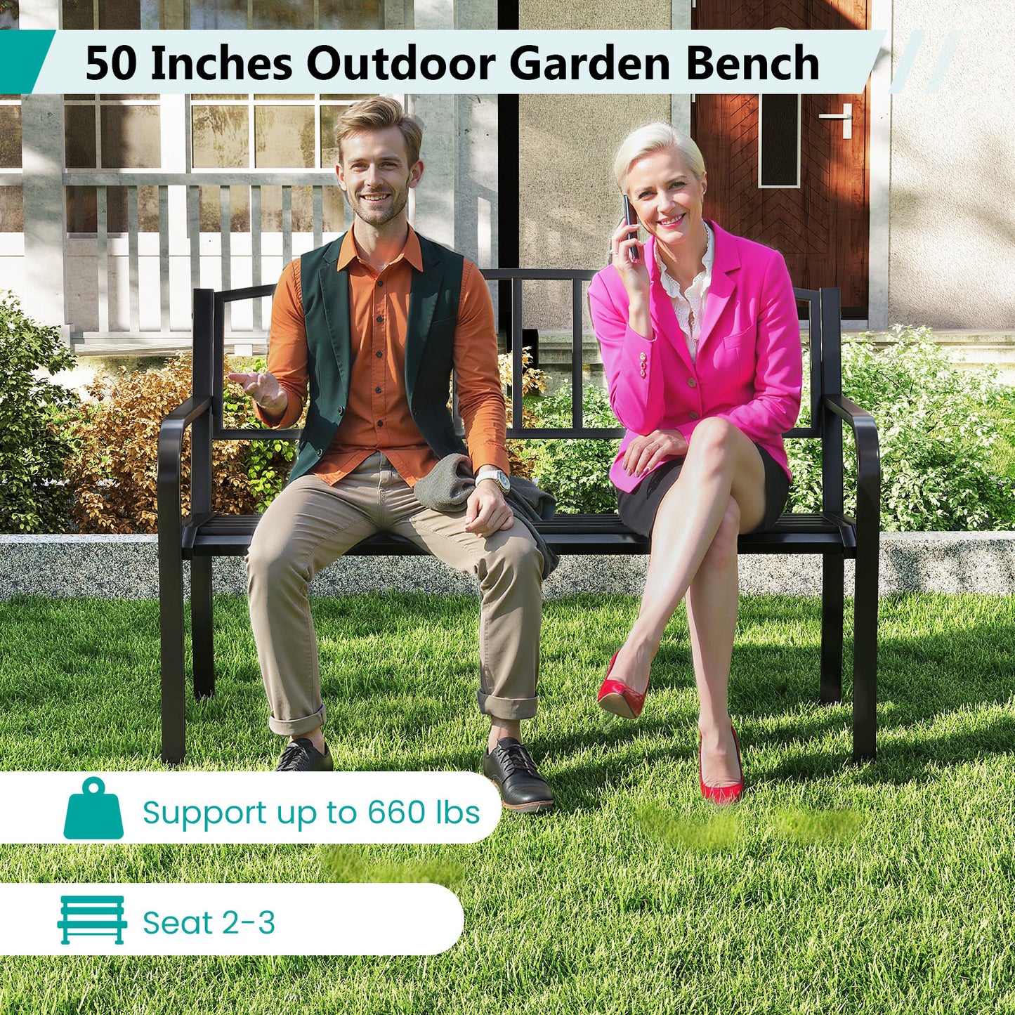 50-Inch Metal Garden Bench with Slatted Backrest - Black