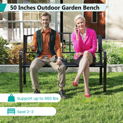 50-Inch Metal Garden Bench with Slatted Backrest - Black