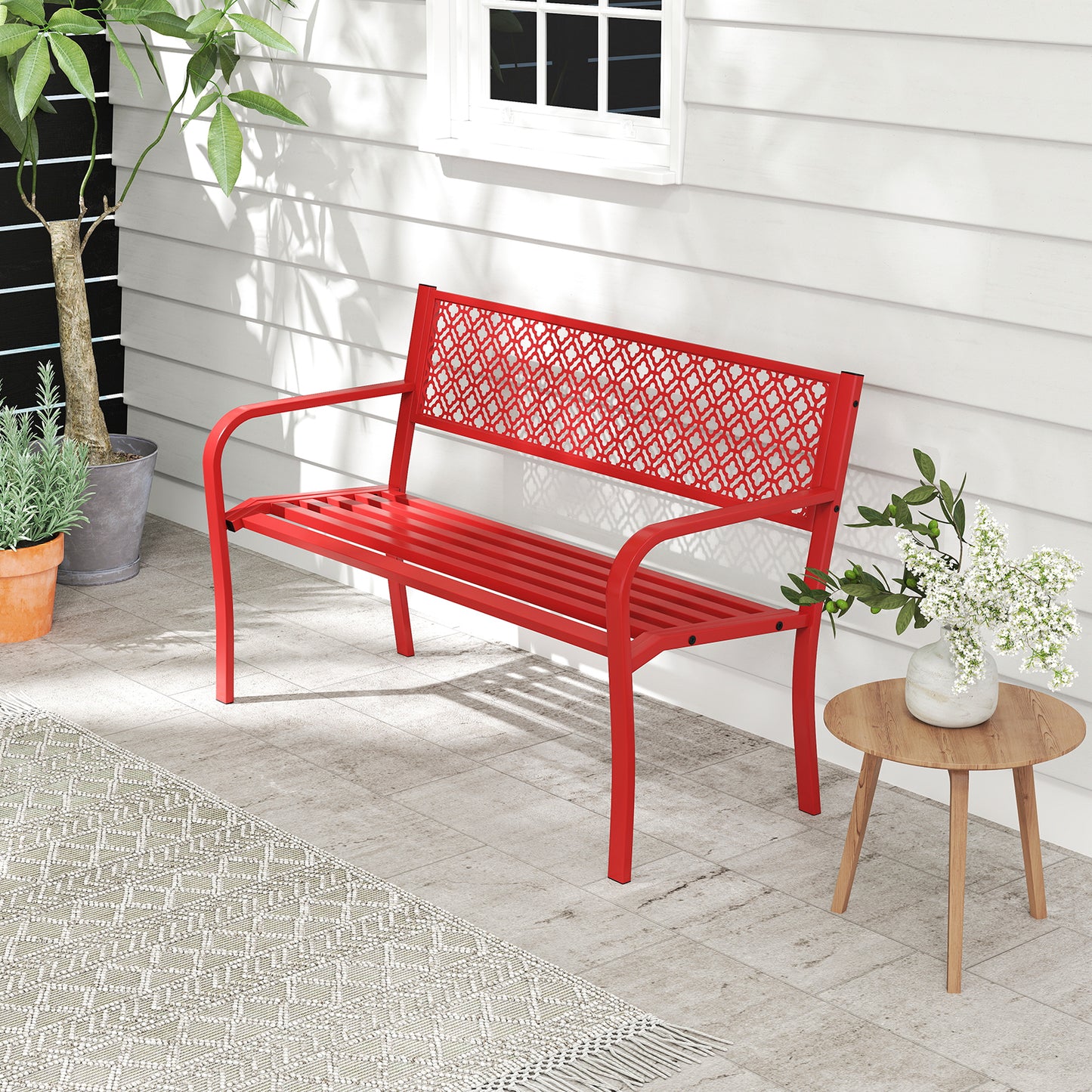 50-Inch Metal Garden Bench with Geometric Lattice Backrest