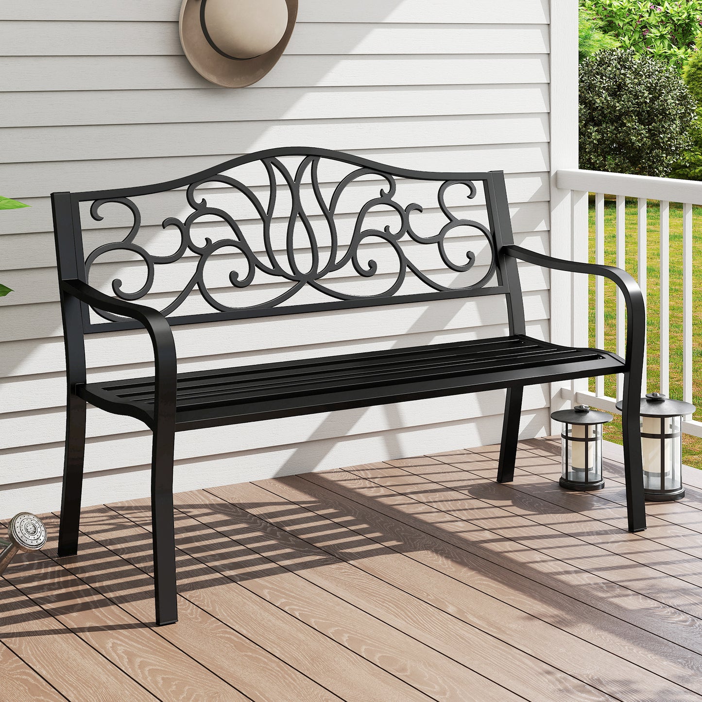 50-Inch Outdoor Garden Bench with Floral Backrest - Black