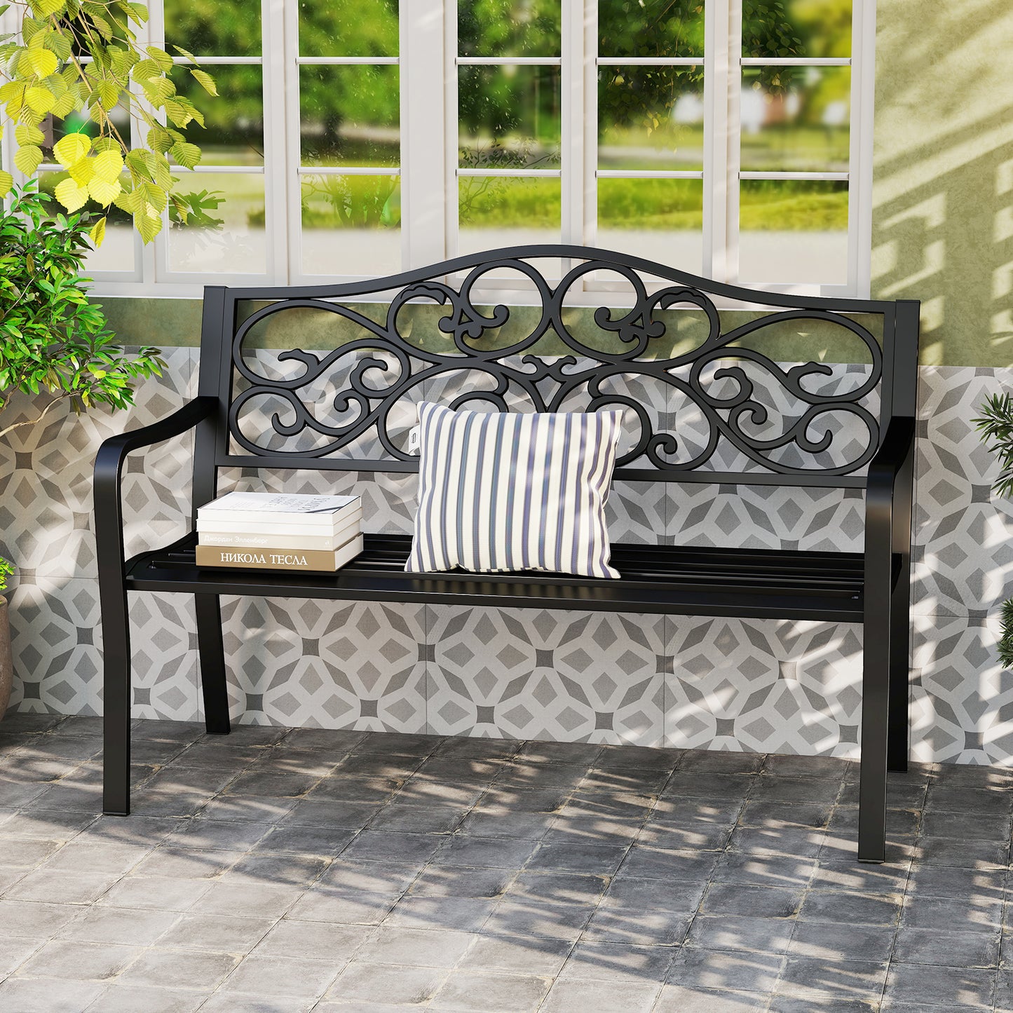 50-Inch Outdoor Garden Bench with Floral Backrest - Black