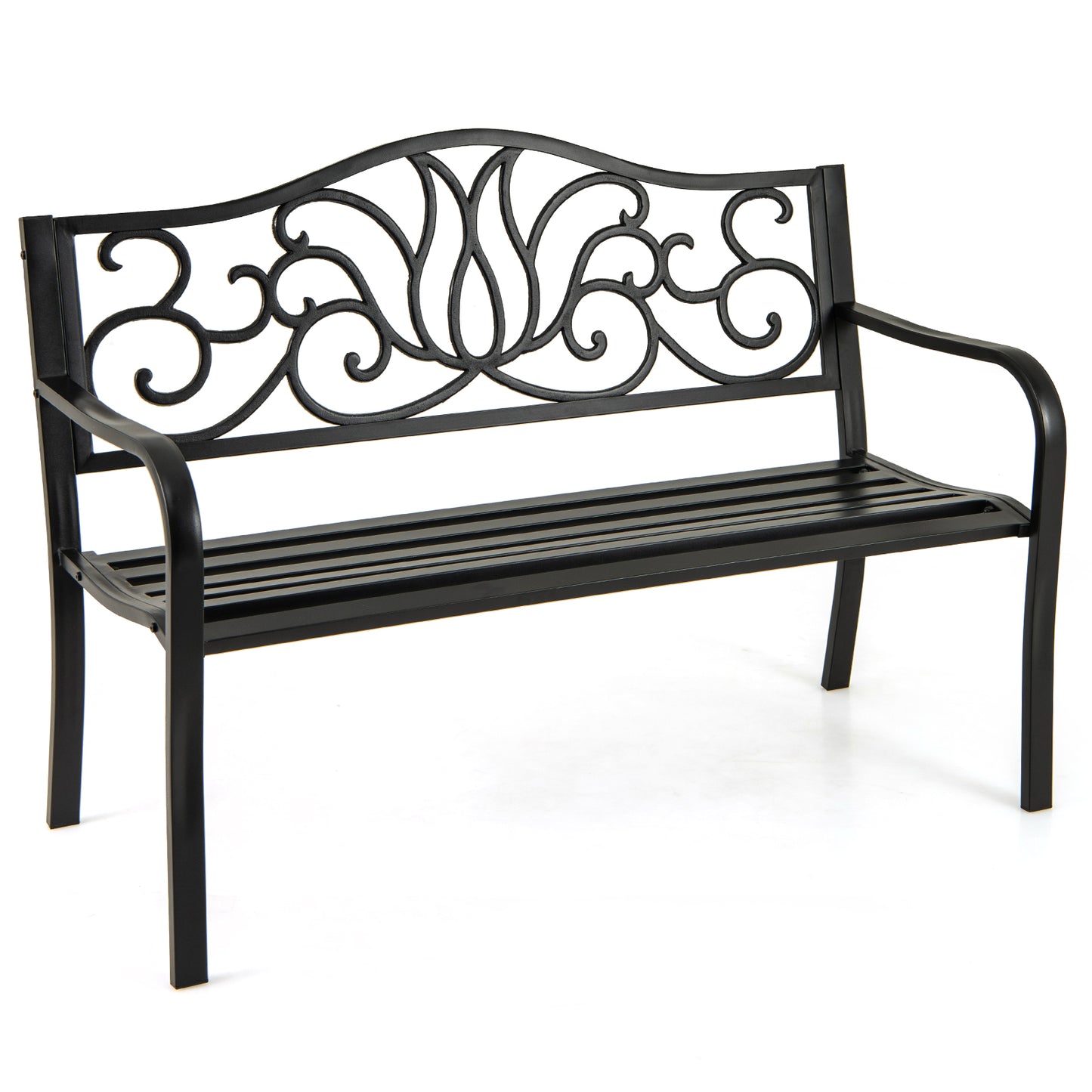 50-Inch Outdoor Garden Bench with Floral Backrest - Black