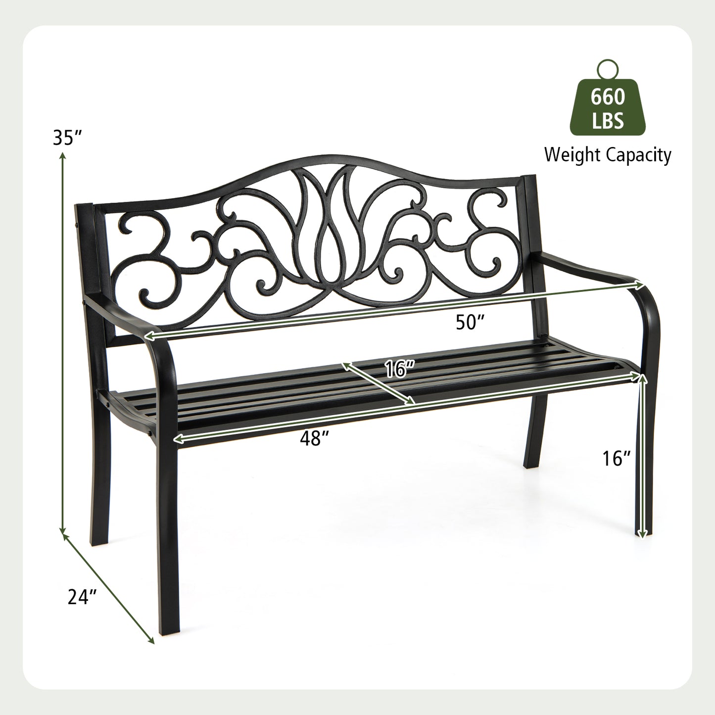 50-Inch Outdoor Garden Bench with Floral Backrest - Black