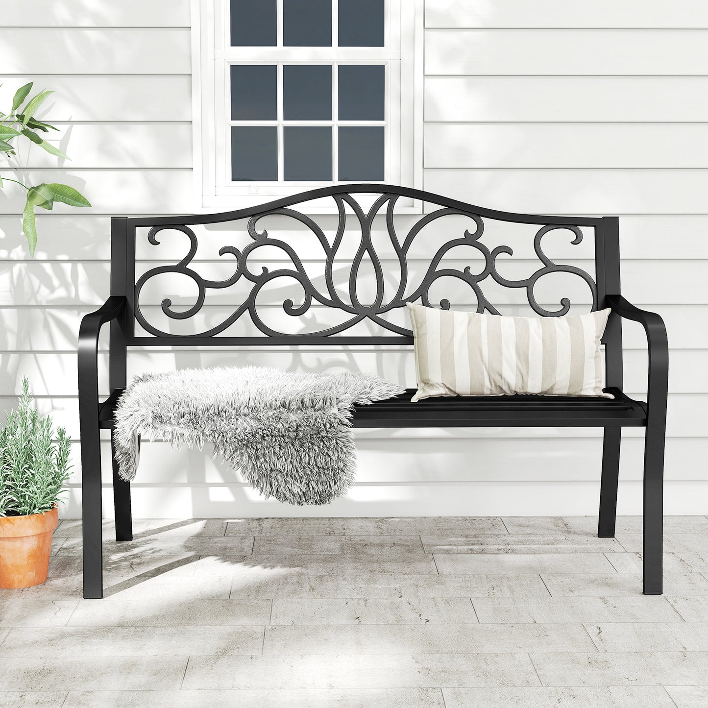 50-Inch Outdoor Garden Bench with Floral Backrest - Black