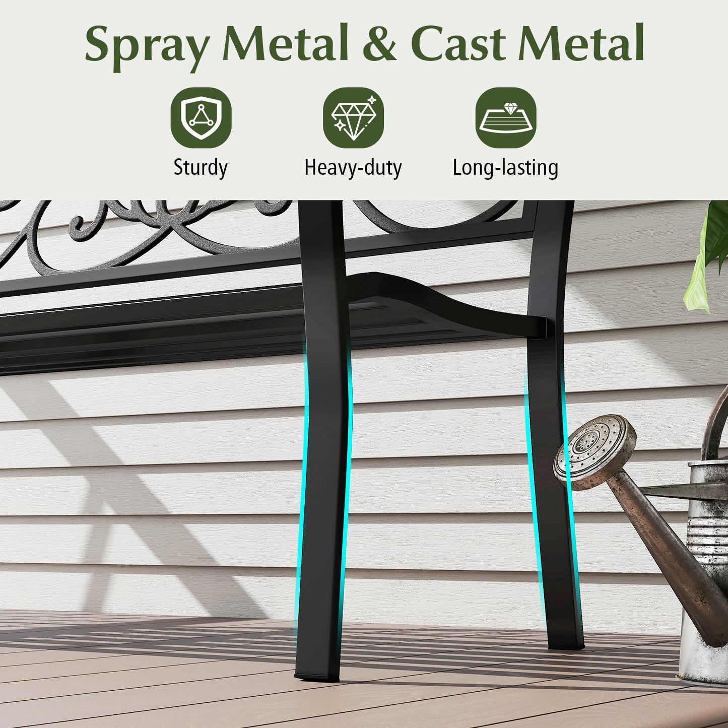 50-Inch Outdoor Garden Bench with Floral Backrest - Black