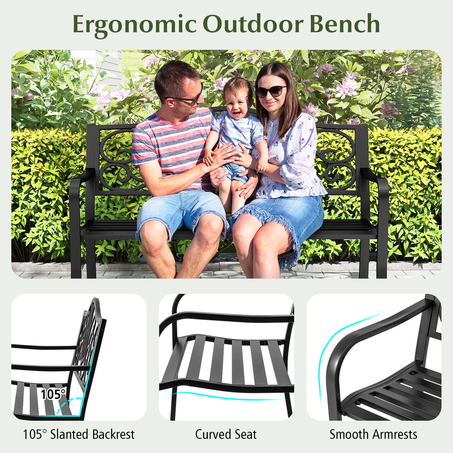 50-Inch Outdoor Garden Bench with Floral Backrest - Black