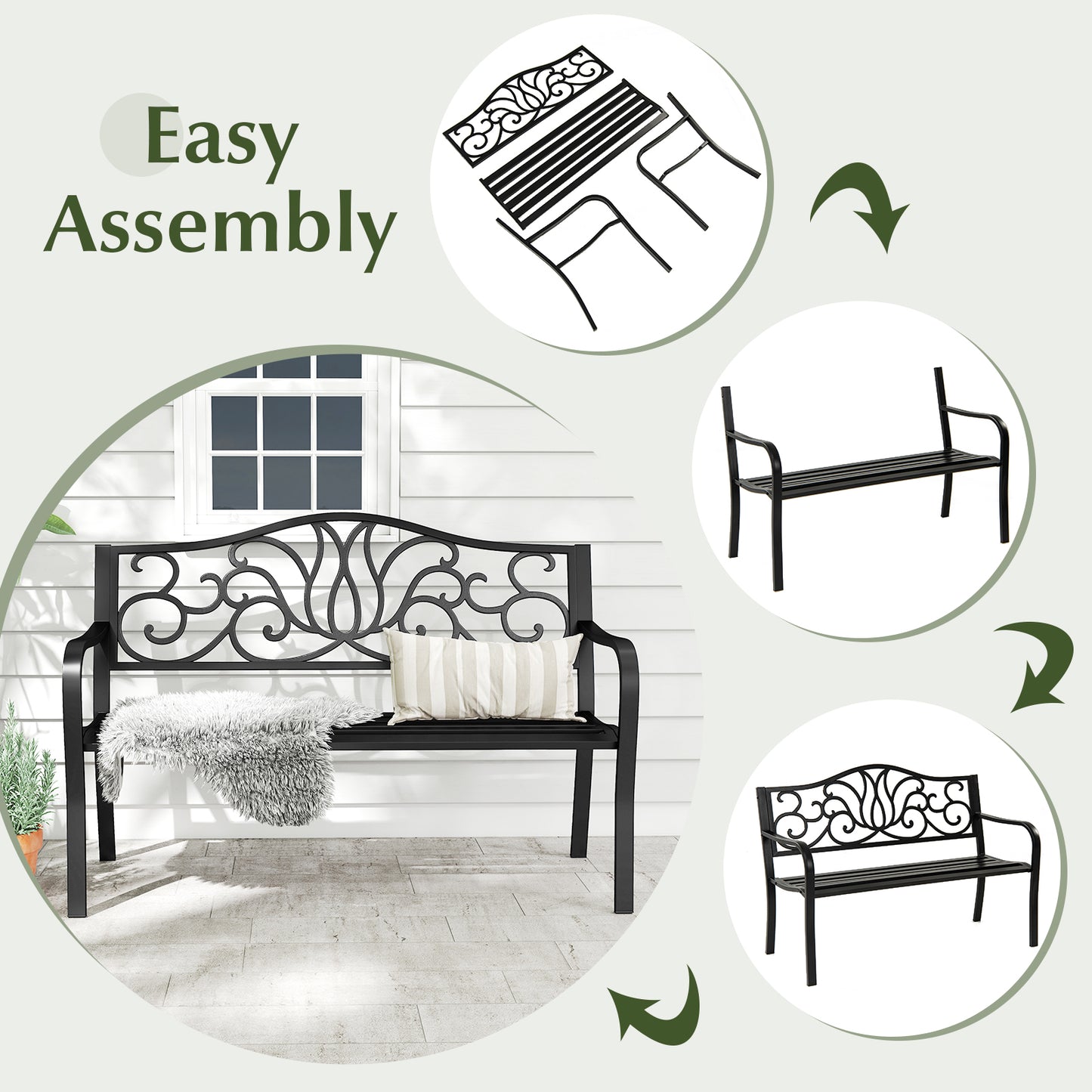50-Inch Outdoor Garden Bench with Floral Backrest - Black