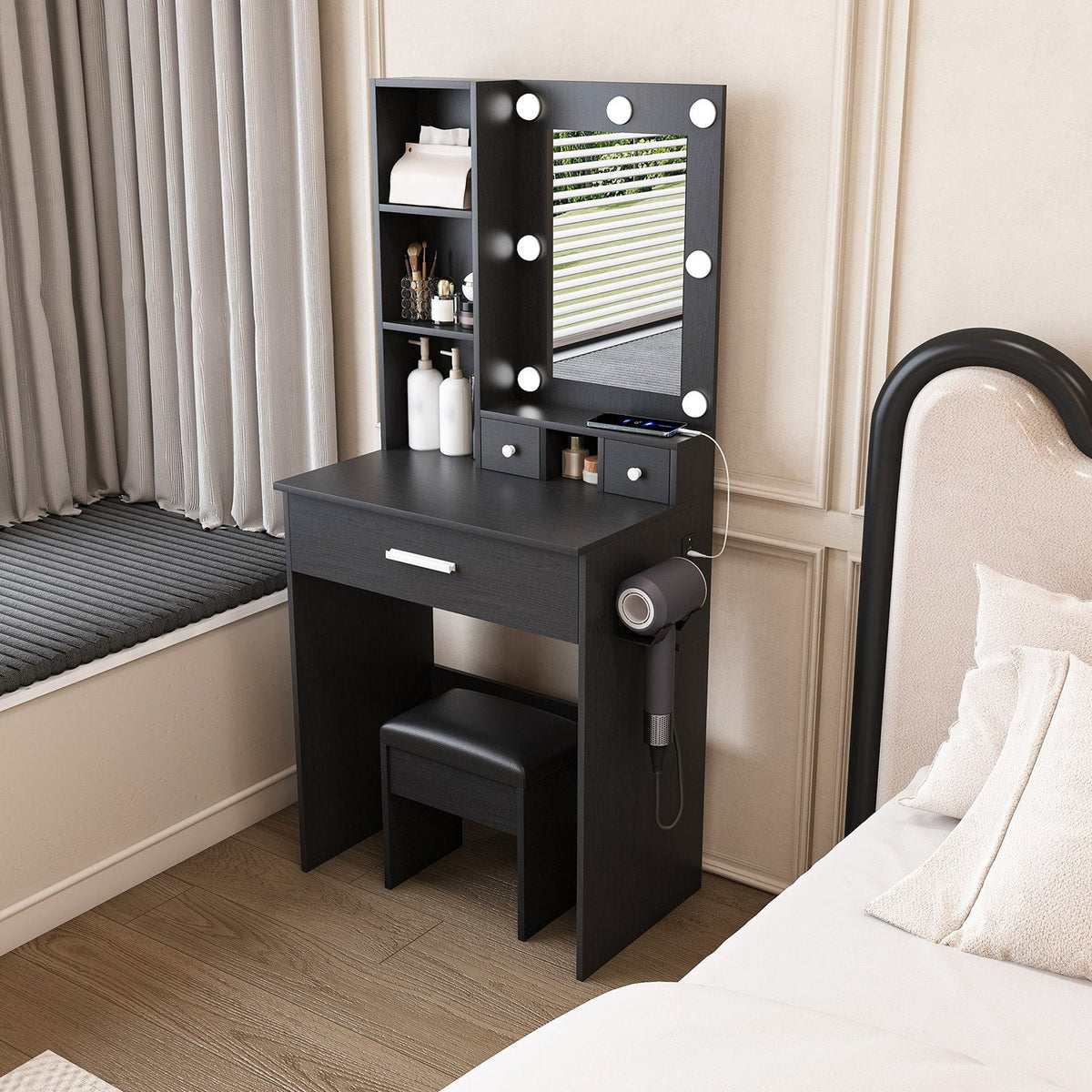 Vanity Desk Set with LED Lighted Mirror & Padded Stool
