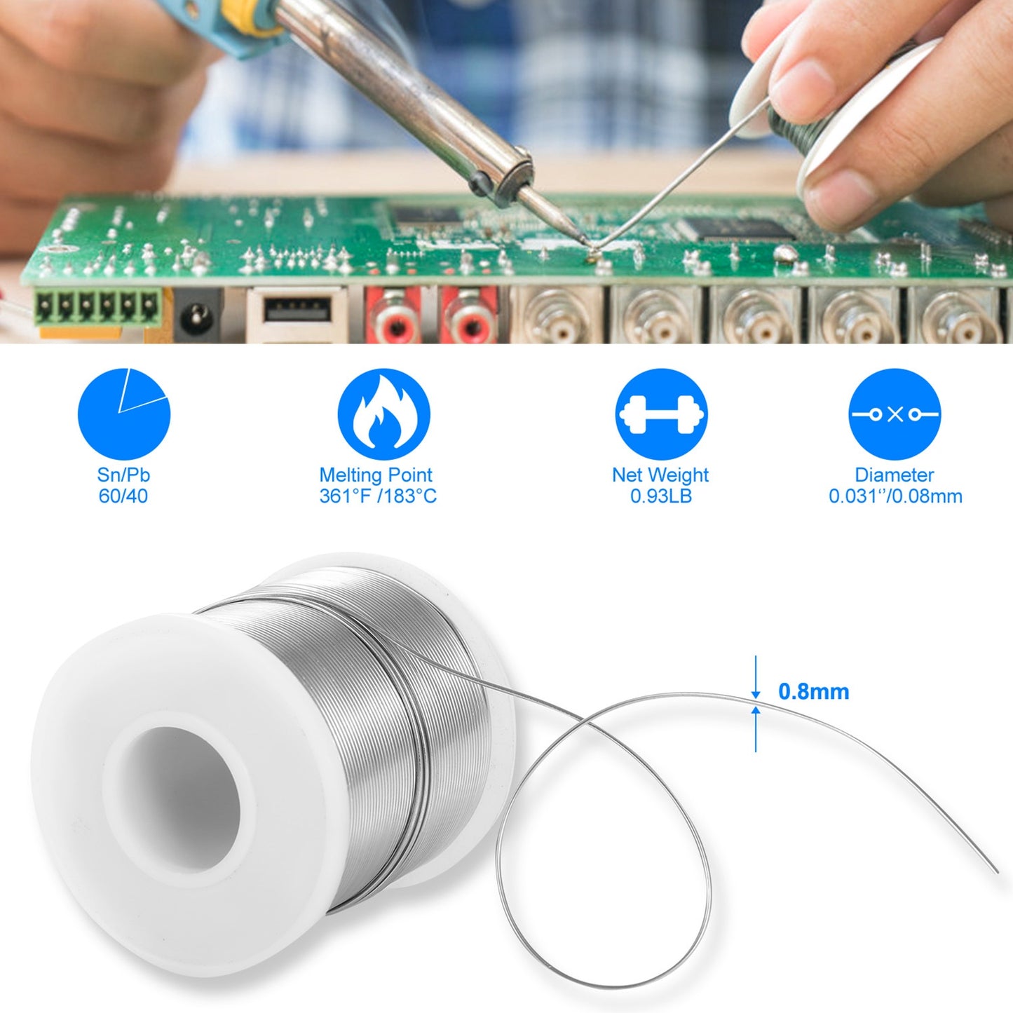 Soldering Wire 60/40 Tin Lead Rosin Core 0.8mm 1lb Spool