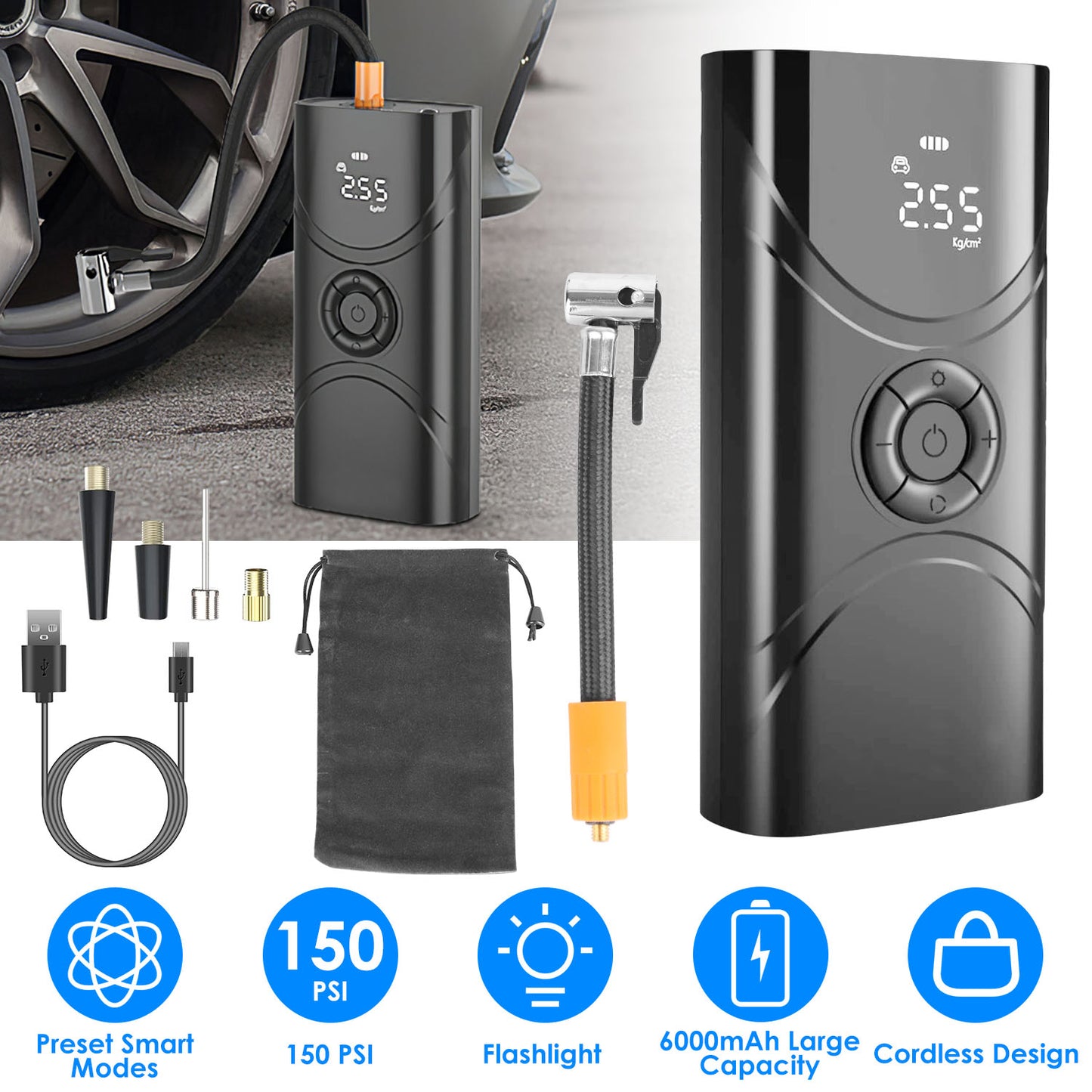 Portable Tire Inflator 150 PSI Wireless Air Compressor 6000mAh