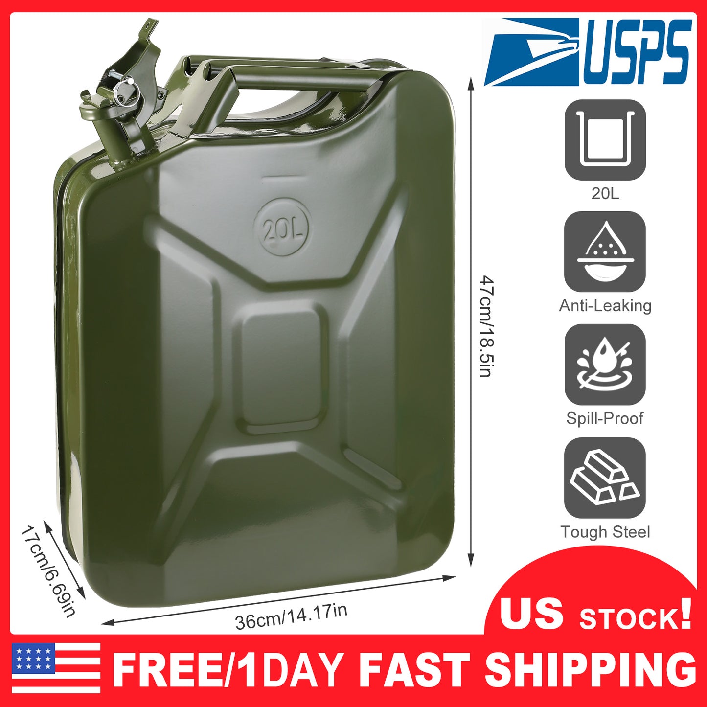 5 Gallon Steel Jerry Can with Spill-Proof Spout