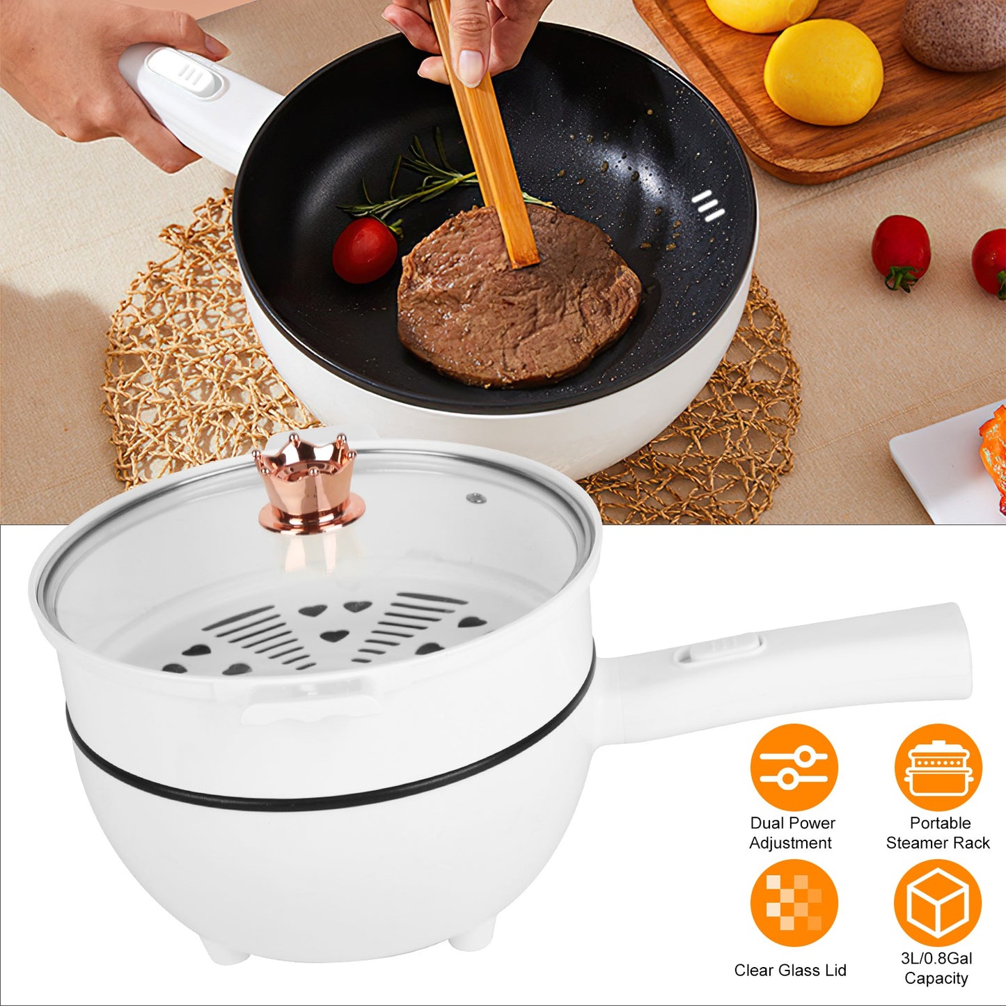 Electric Hot Pot with Steamer Rack - 3L Non-Stick Cooker