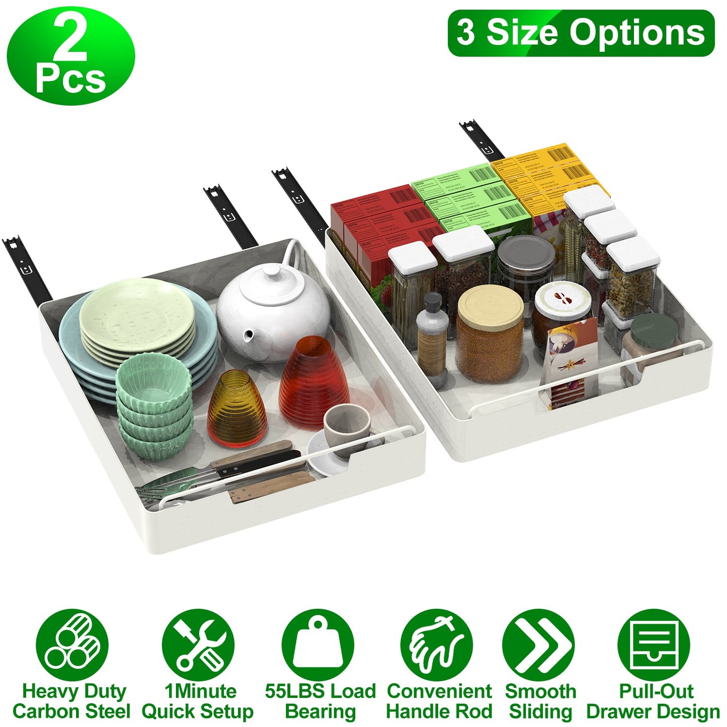 Pull Out Cabinet Organizers - 2 Pack Carbon Steel Sliding Drawers