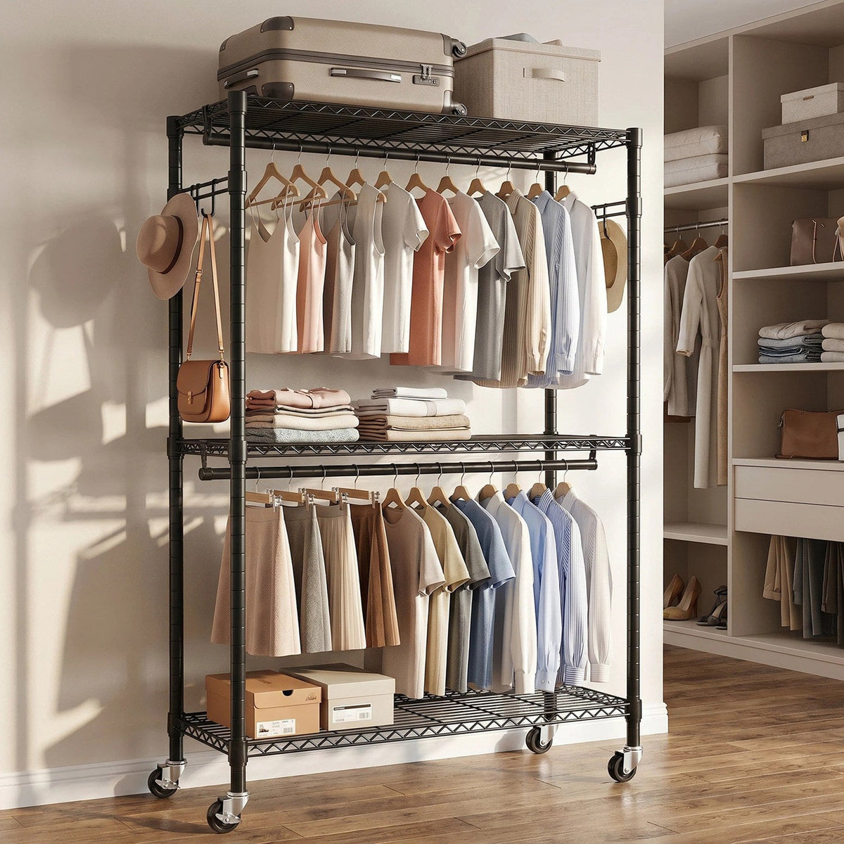 Rolling Clothes Rack with Shelves and Lockable Wheels