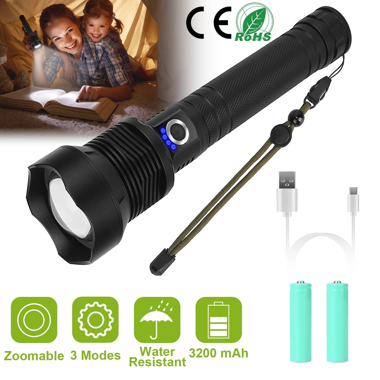 Rechargeable LED Tactical Flashlight 30000LM Zoomable