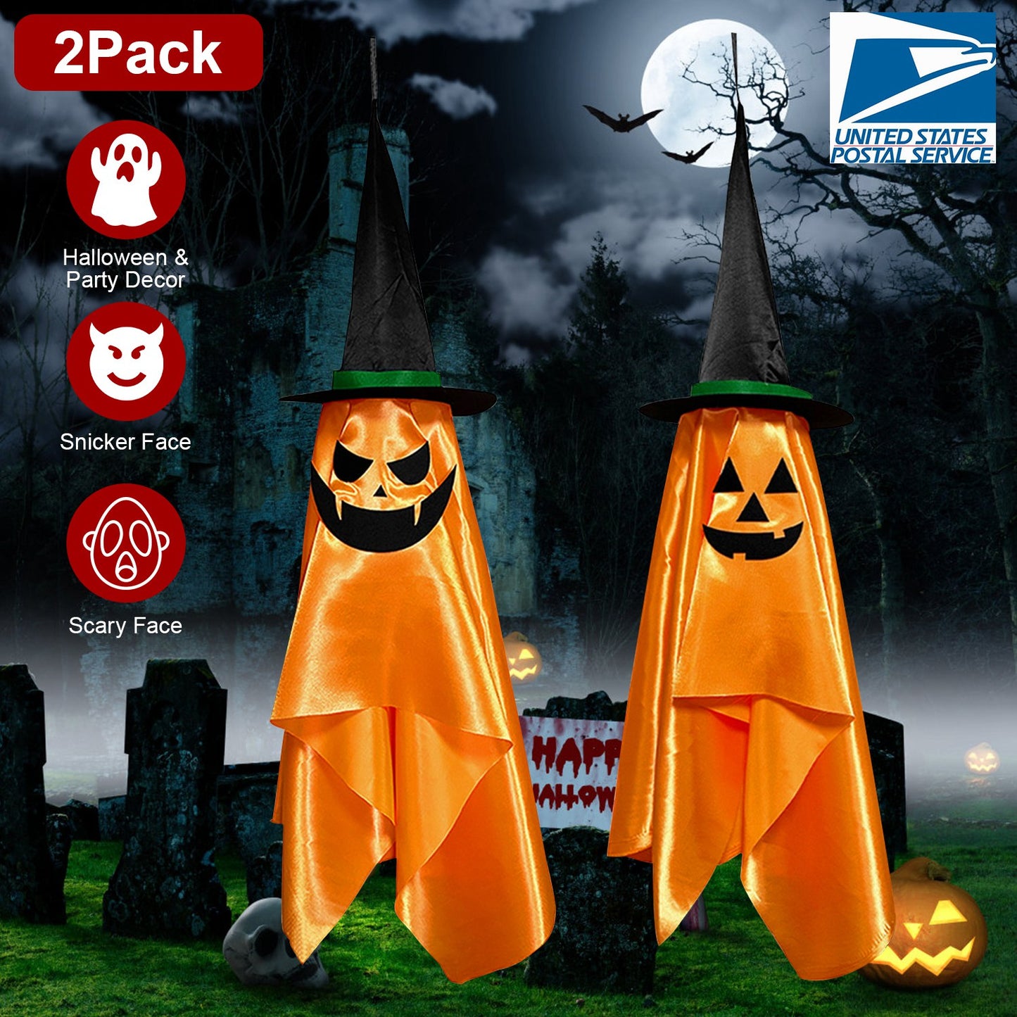 Hanging Pumpkin Wizard Hat Ghosts - 2 Pack Halloween Decoration