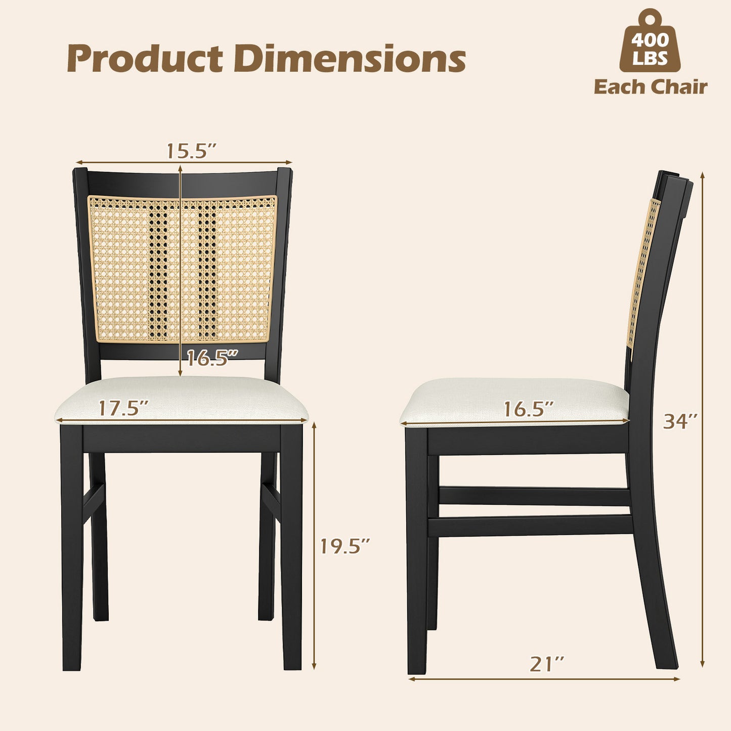 Rattan Dining Chairs Set of 2 with Cushioned Seats