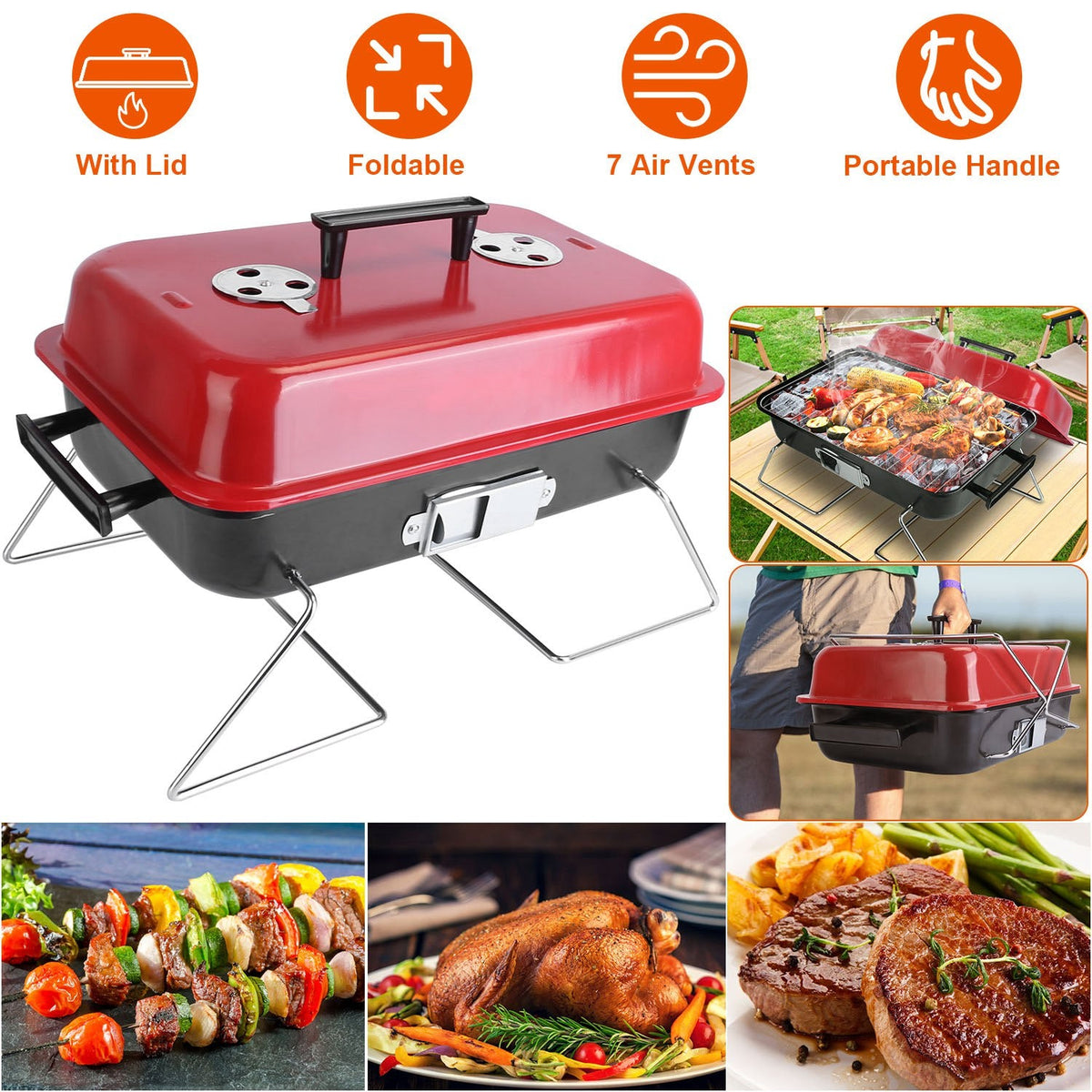 Portable Charcoal Grill OutdoorÊTabletop Grill Small Barbecue Smoker Folding BBQ Grill with Lid for Backyard Camping Picnics Beach