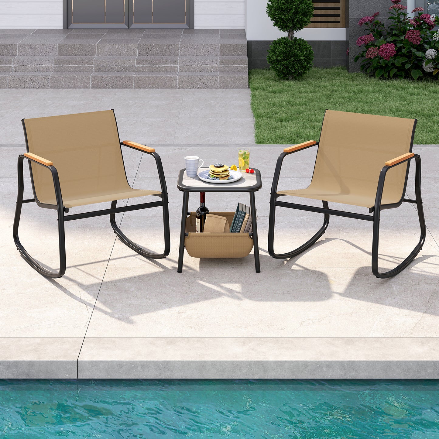 3-Piece Rocking Bistro Set with Side Table and Storage
