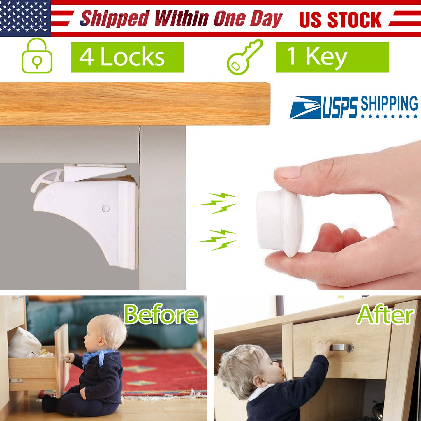 Magnetic Cabinet Locks 4-Pack with Adhesive Installation