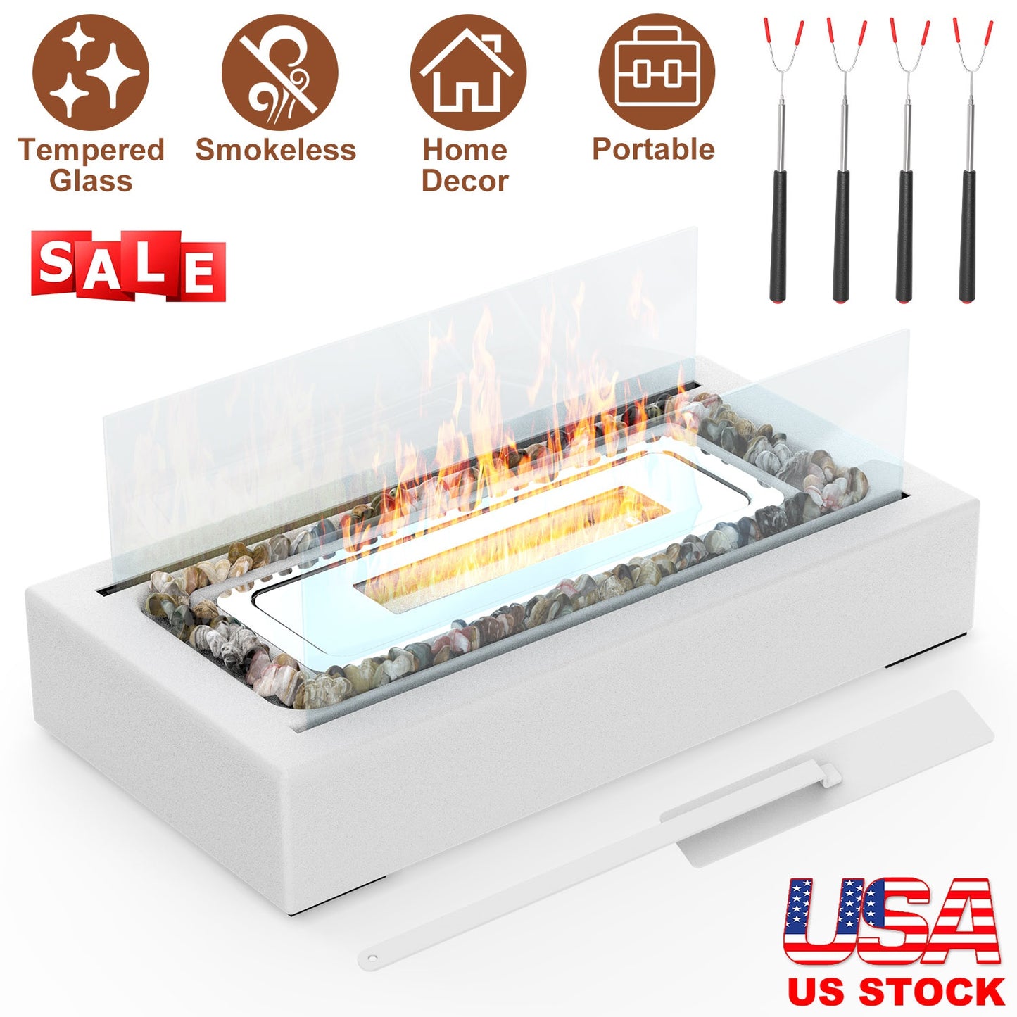 Tabletop Fire Pit with Roasting Sticks - Portable Ethanol