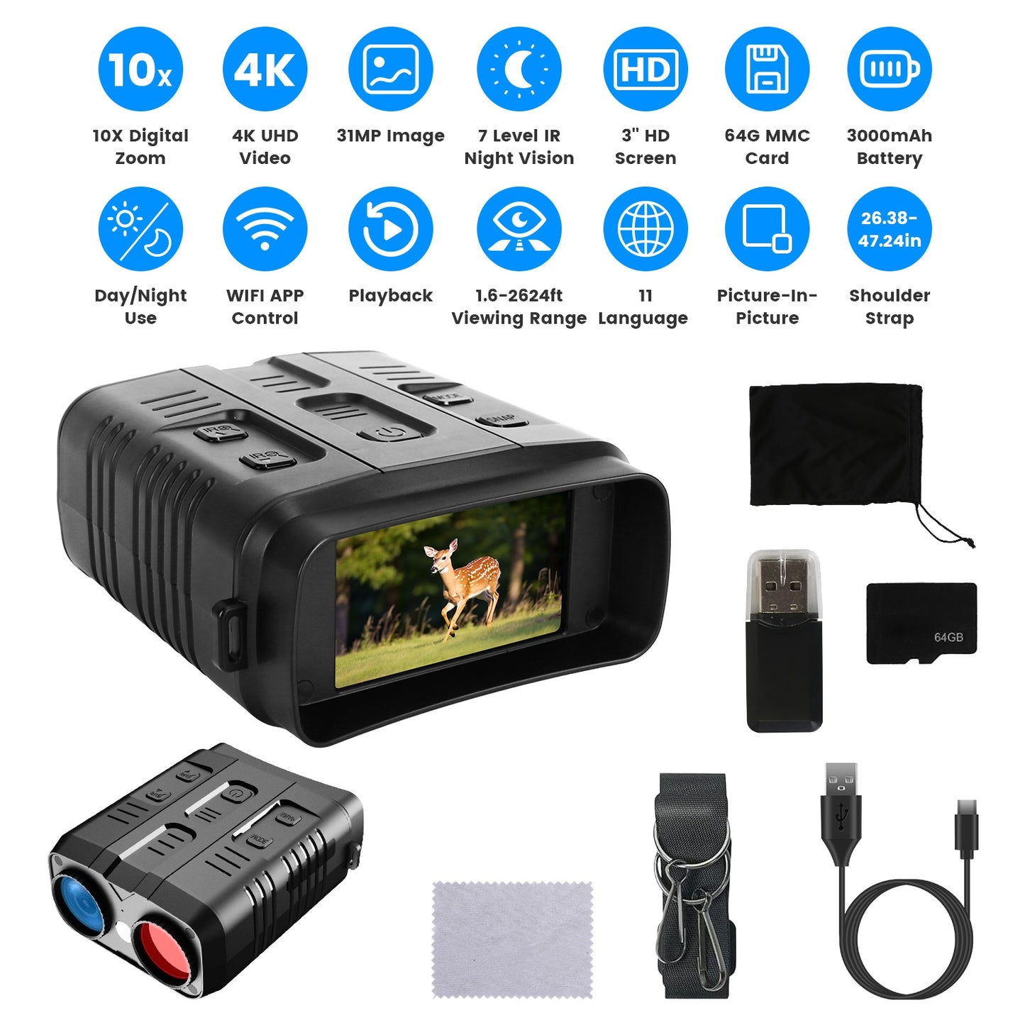 Night Vision Goggles 4K with 10X Zoom and 2624ft Range