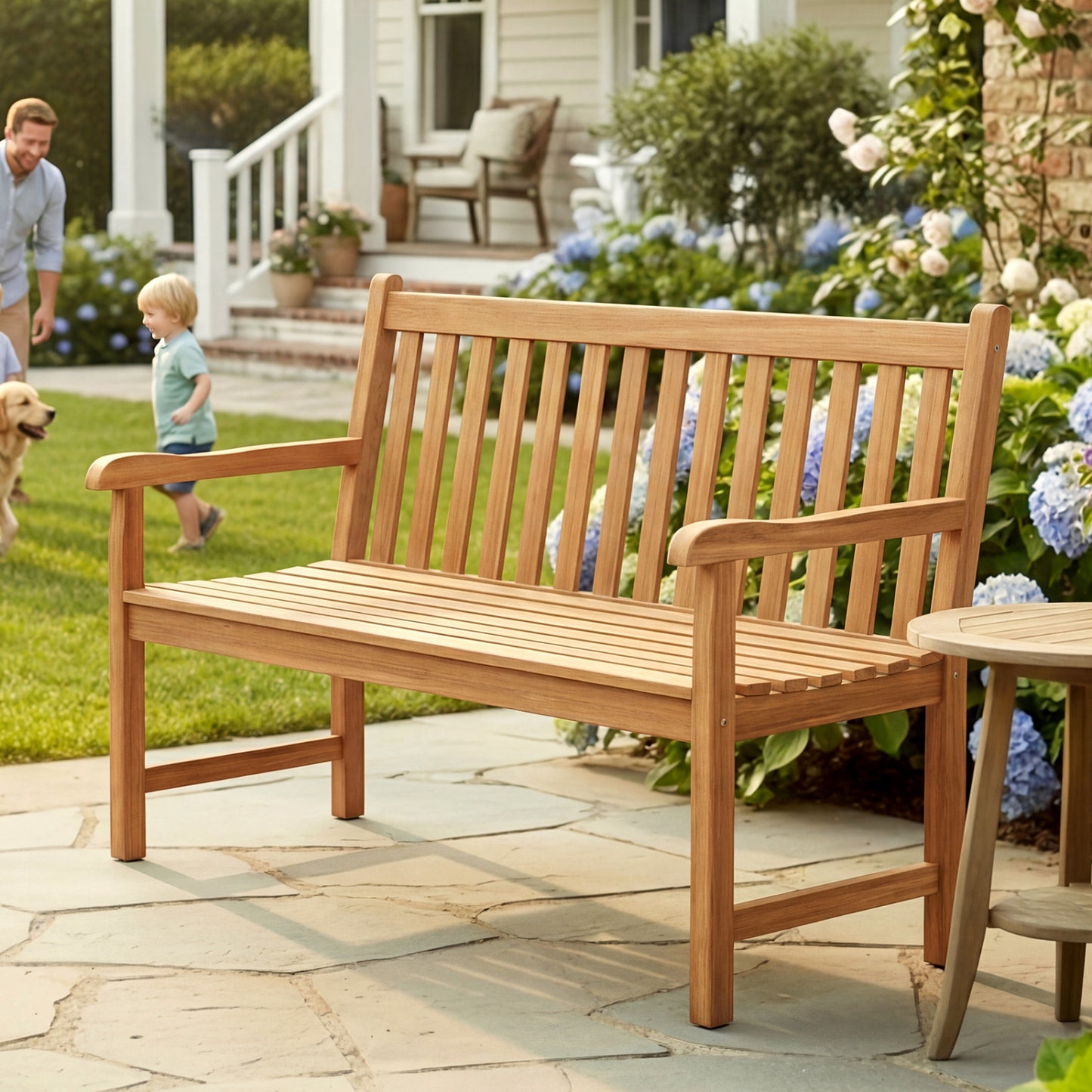 Teak Outdoor Bench 3-Seat with Armrests - 62 Inch
