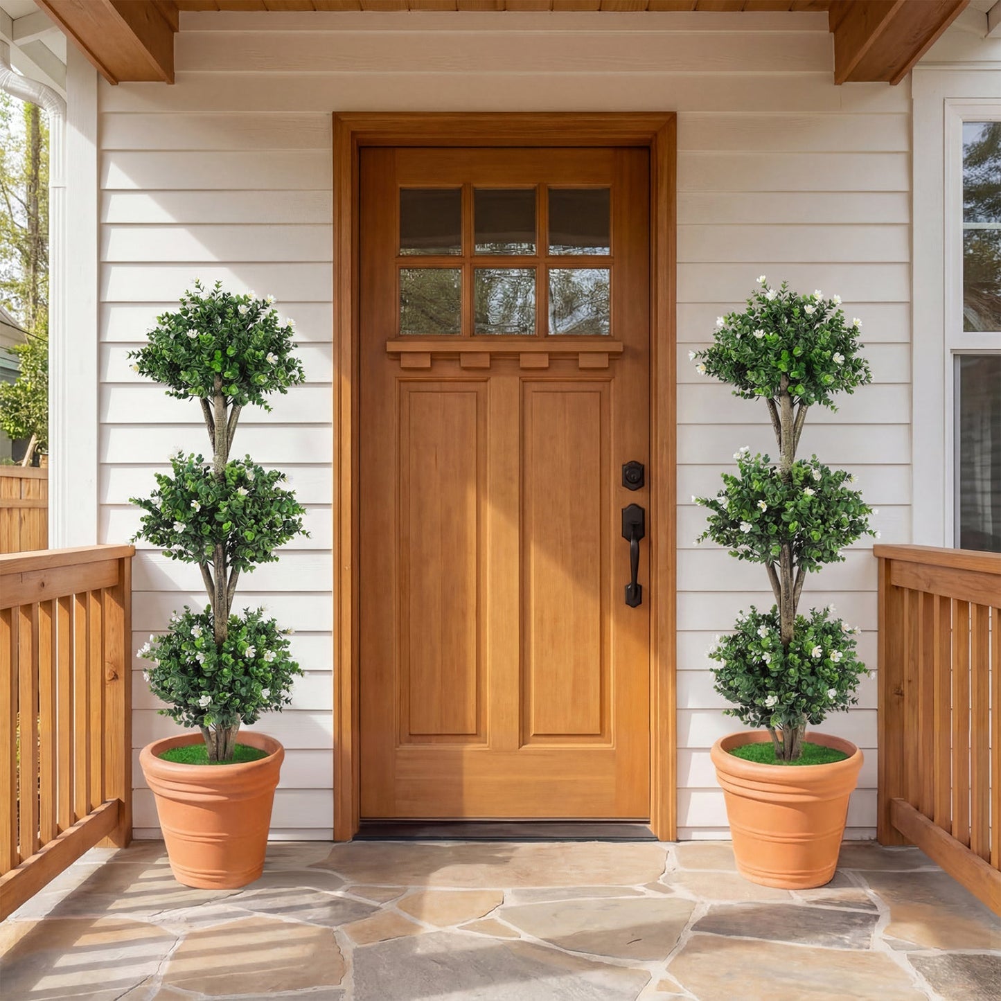 51" Artificial Triple Ball Boxwood Topiary Tree with 59 Blossoms Set of 2