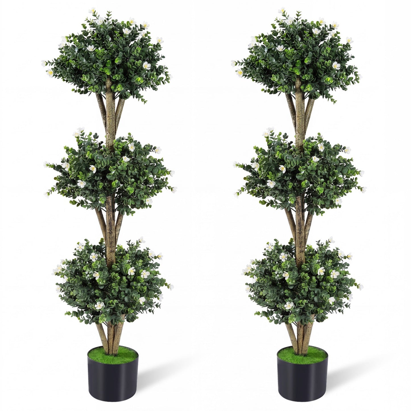 51" Artificial Triple Ball Boxwood Topiary Tree with 59 Blossoms Set of 2