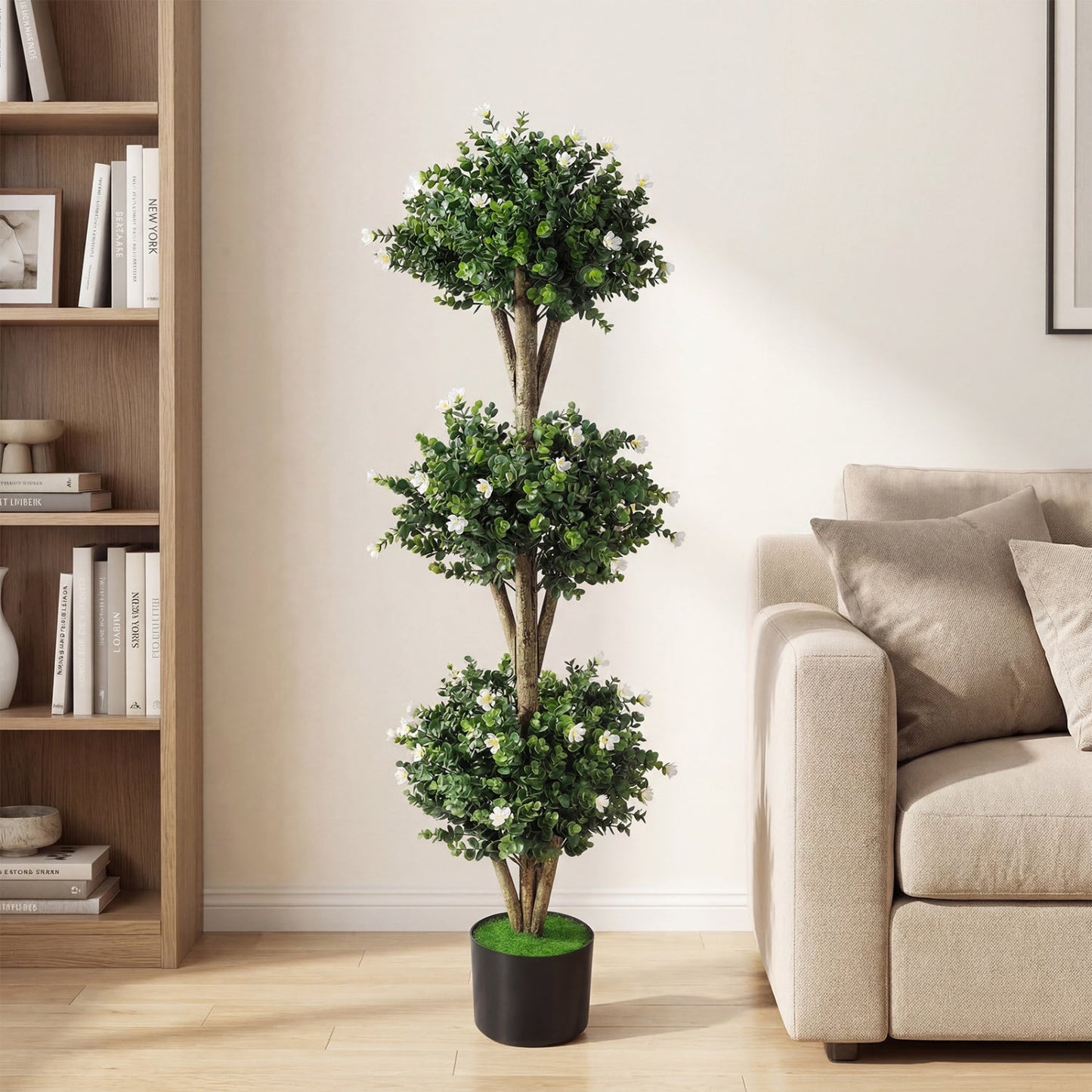 51" Artificial Triple Ball Boxwood Topiary Tree with 59 Blossoms Set of 2