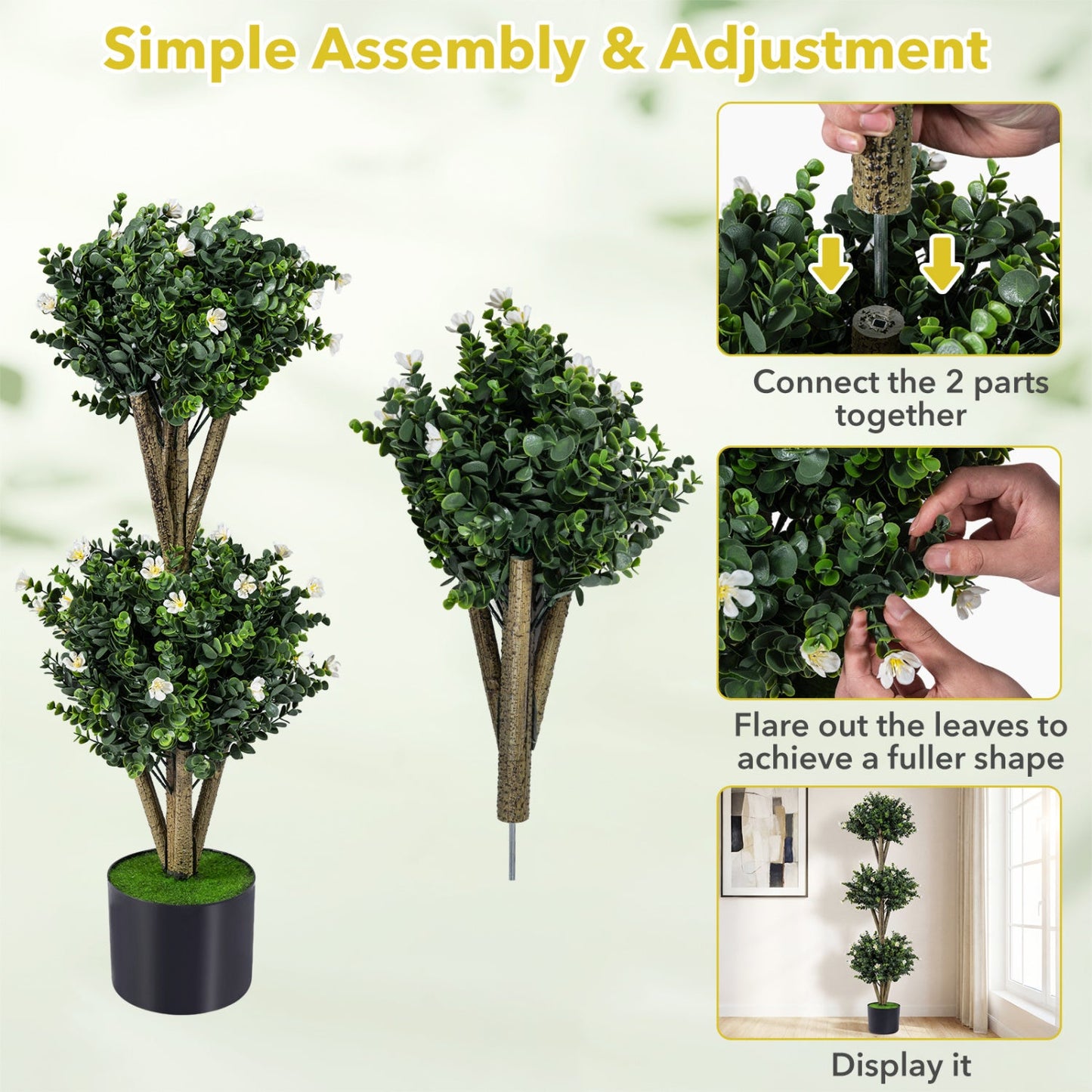 51" Artificial Triple Ball Boxwood Topiary Tree with 59 Blossoms Set of 2